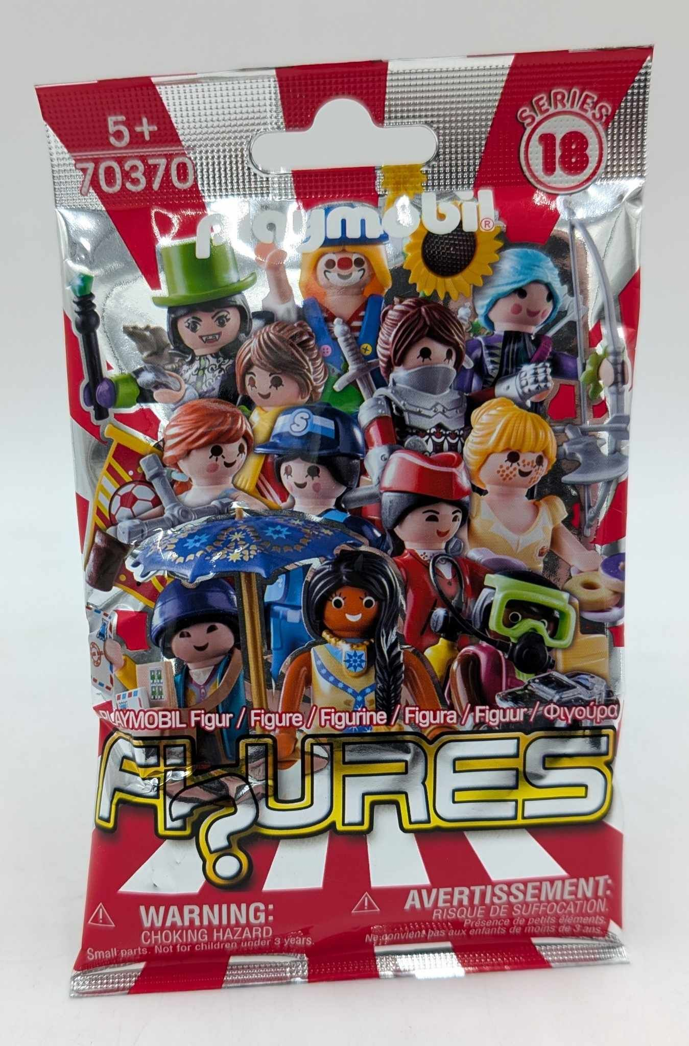 Playmobil Serie 18 Überraschungstüte mit verschiedenen Figuren und Warnhinweisen.