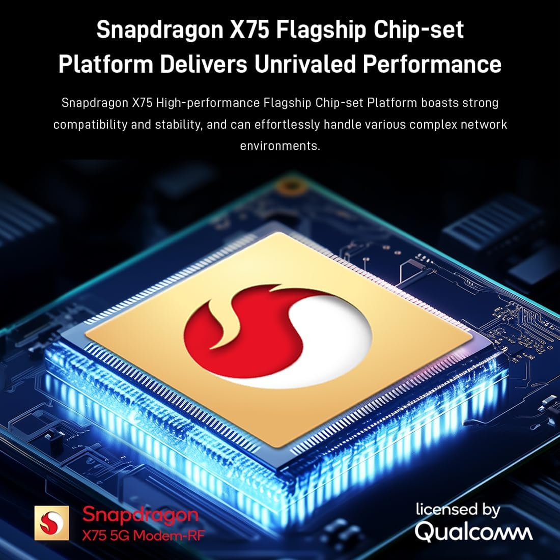 Flagowy chipset Snapdragon X75 na płytce drukowanej z tekstem.
