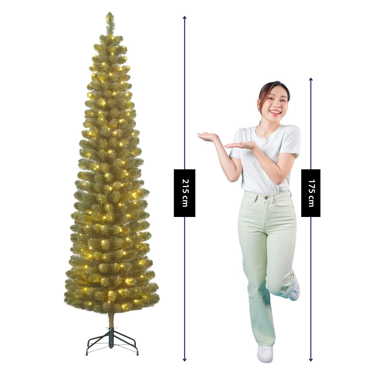 A woman stands beside a tall, lit Christmas tree, with height markers showing 215 cm for the tree and 175 cm for her.