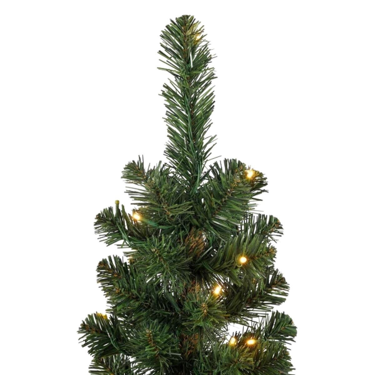 Top van een kunstmatig groene kerstboom versierd met kleine warmwitte lichtjes.