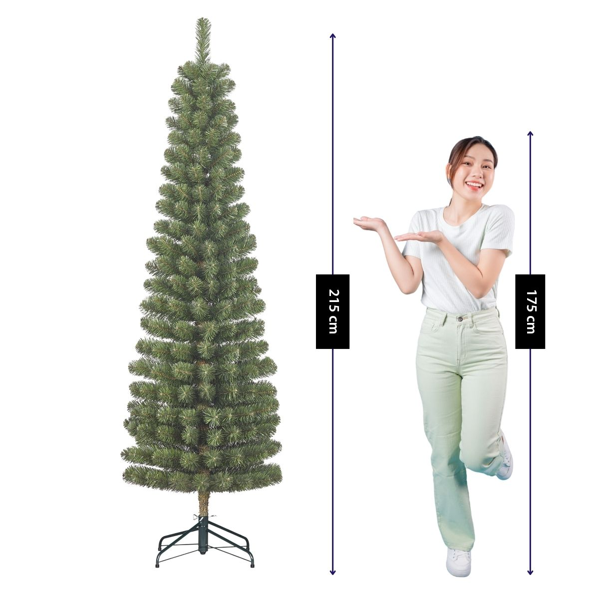 A woman stands beside a tall, slender artificial Christmas tree with height measurements.