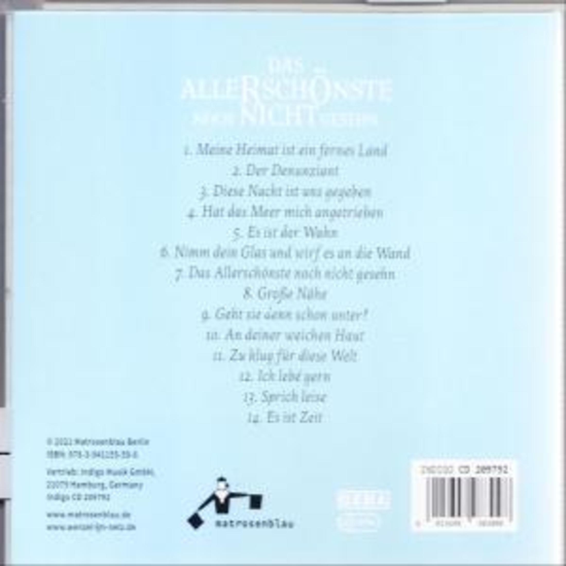 Hellblaue CD-Rückseite mit Titelliste, Copyright-Details, einem Logo und einem Barcode unten.