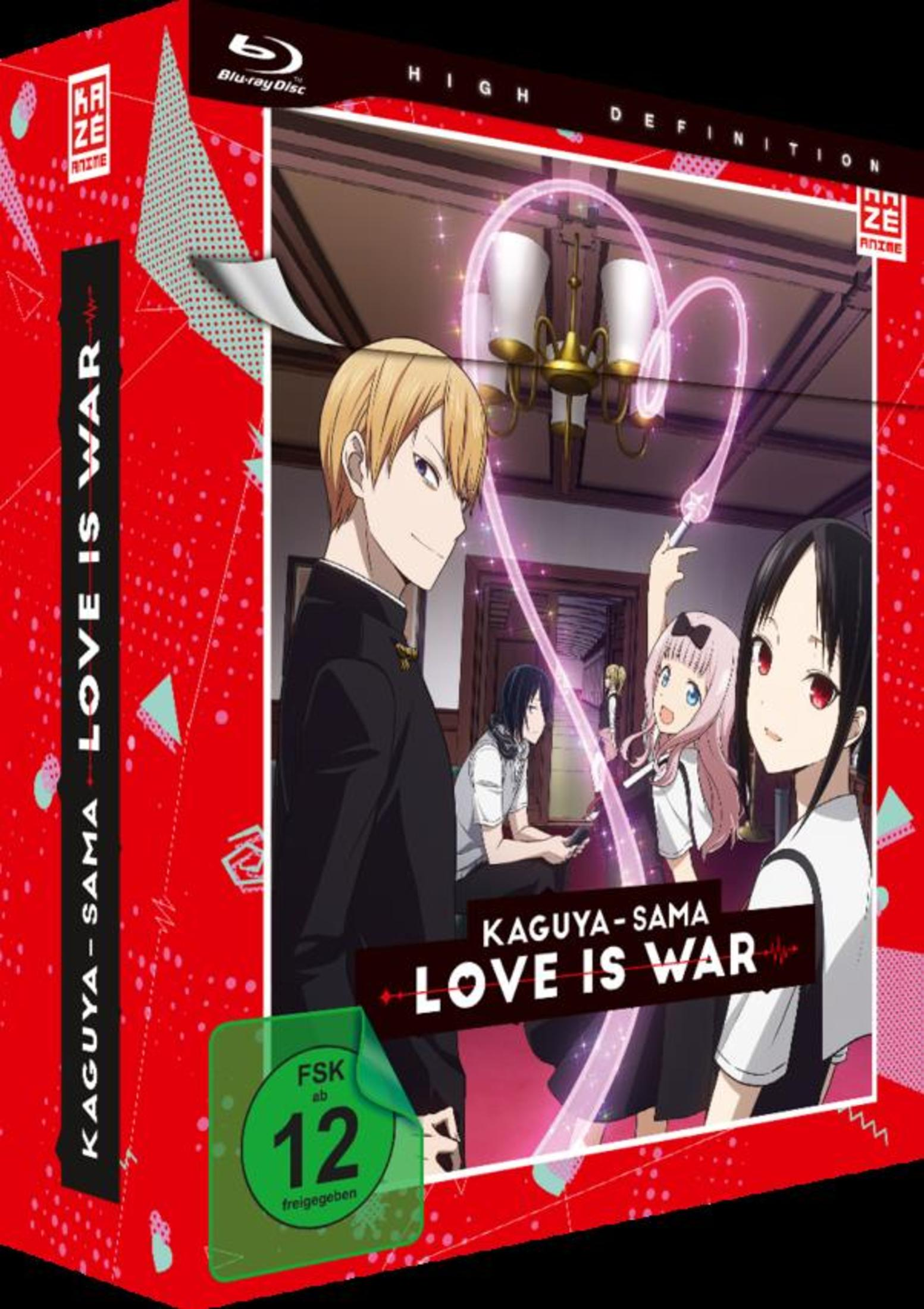 Anime-Blu-ray-Hülle von Kaguya-Sama: Love is War mit Charakteren im Innenraum und rotem Rand.
