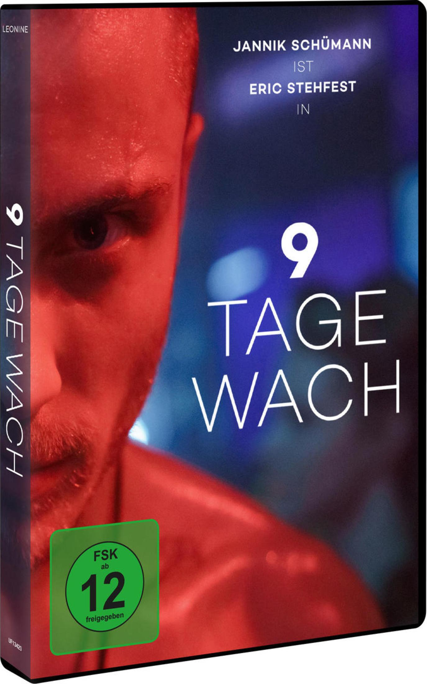 DVD-Cover von '9 Tage wach' mit dem Gesicht eines Mannes im roten Licht und der Aufschrift 9 TAGE WACH.