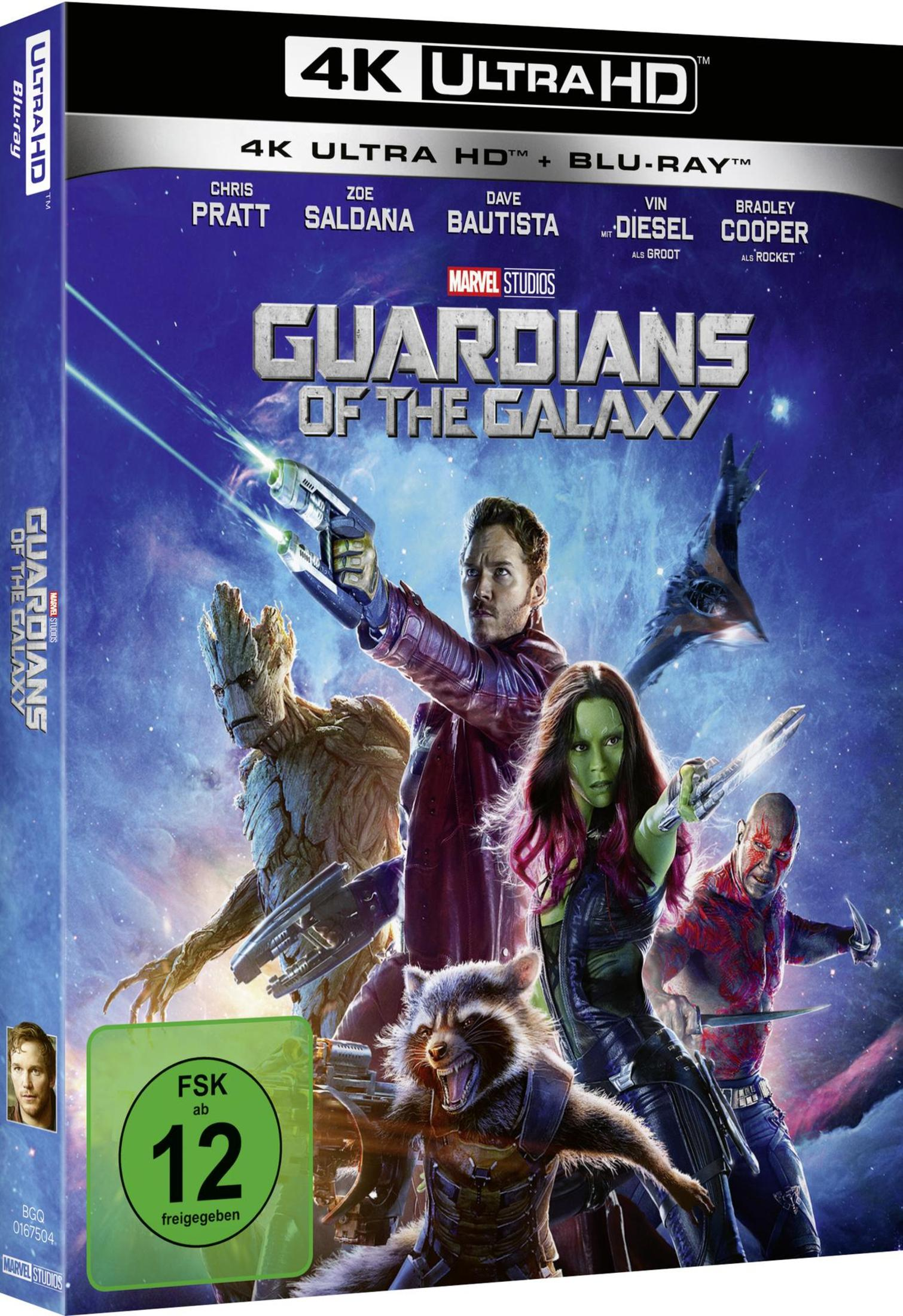 Guardians of the Galaxy 4K Ultra HD Blu-ray Cover mit den fünf Hauptcharakteren im Weltall.