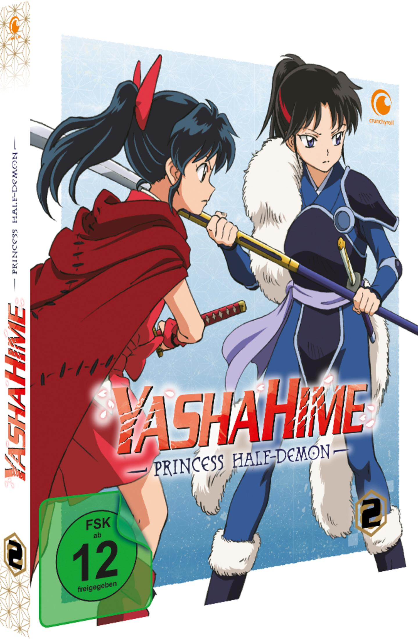 Yashahime Anime-Cover mit zwei bewaffneten Kriegerinnen vor einem hellblauen Hintergrund.