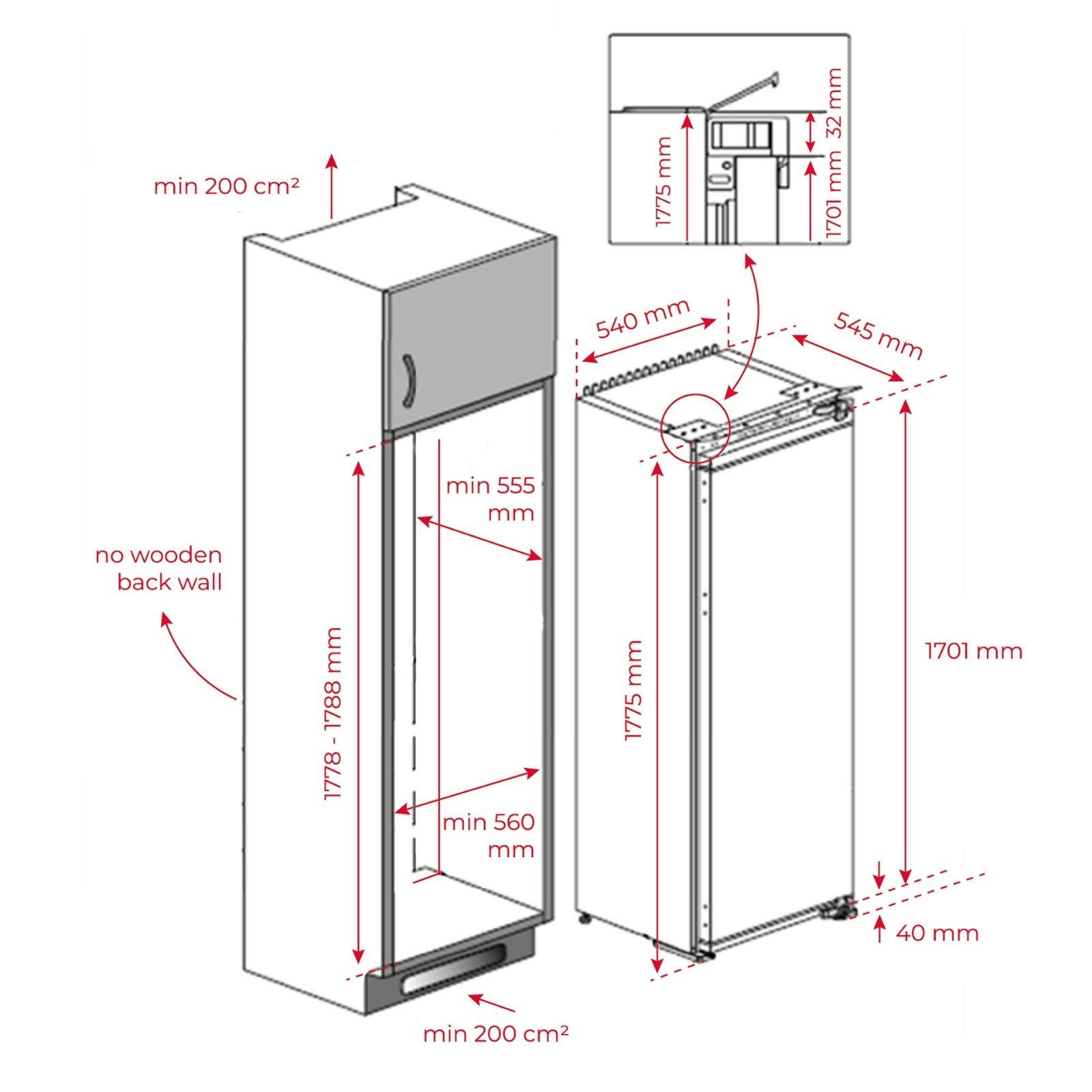 Dibujo técnico de un refrigerador empotrado con dimensiones para instalación en cocina.