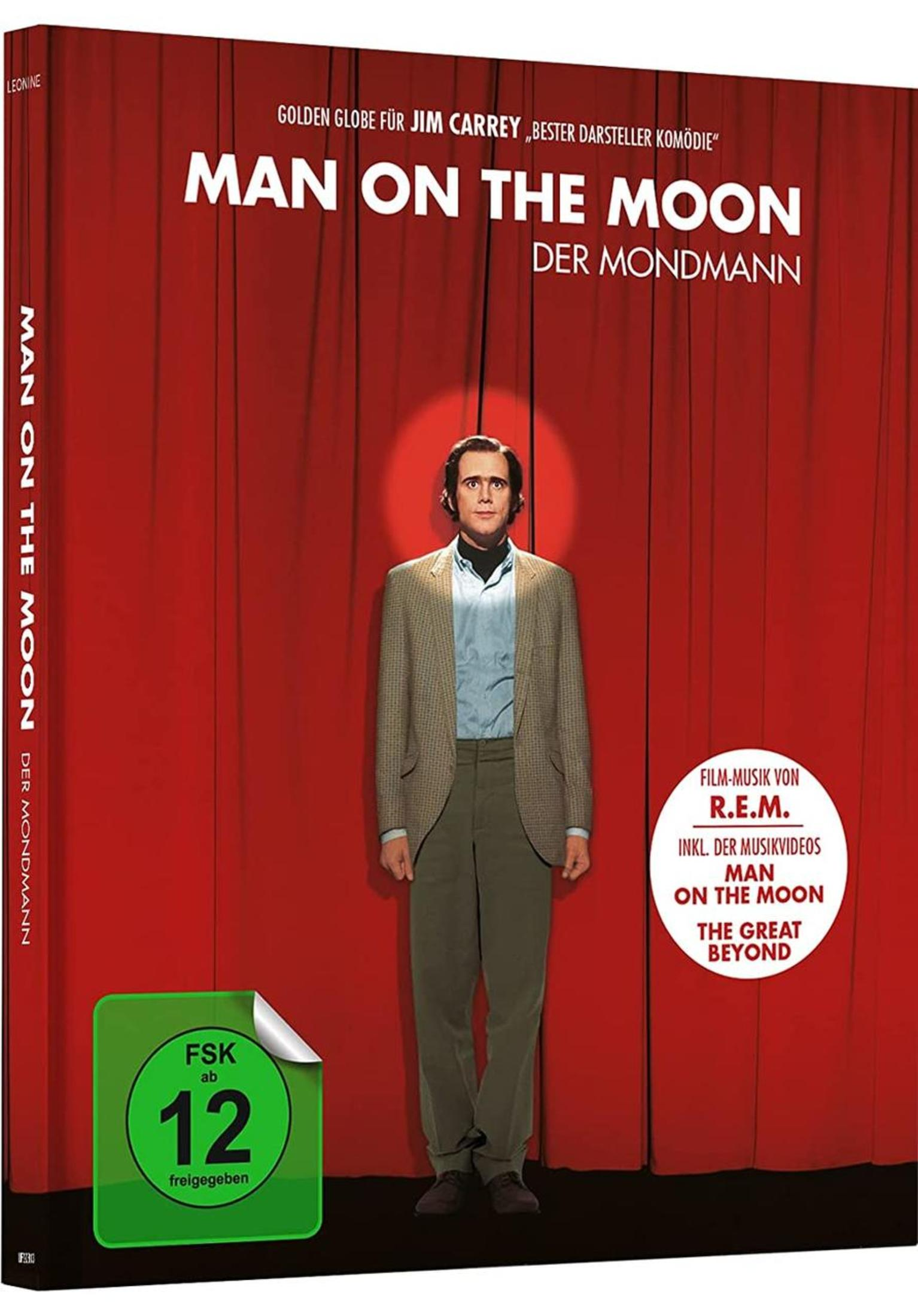 DVD-Cover von Der Mondmann mit Jim Carrey vor roten Vorhängen.