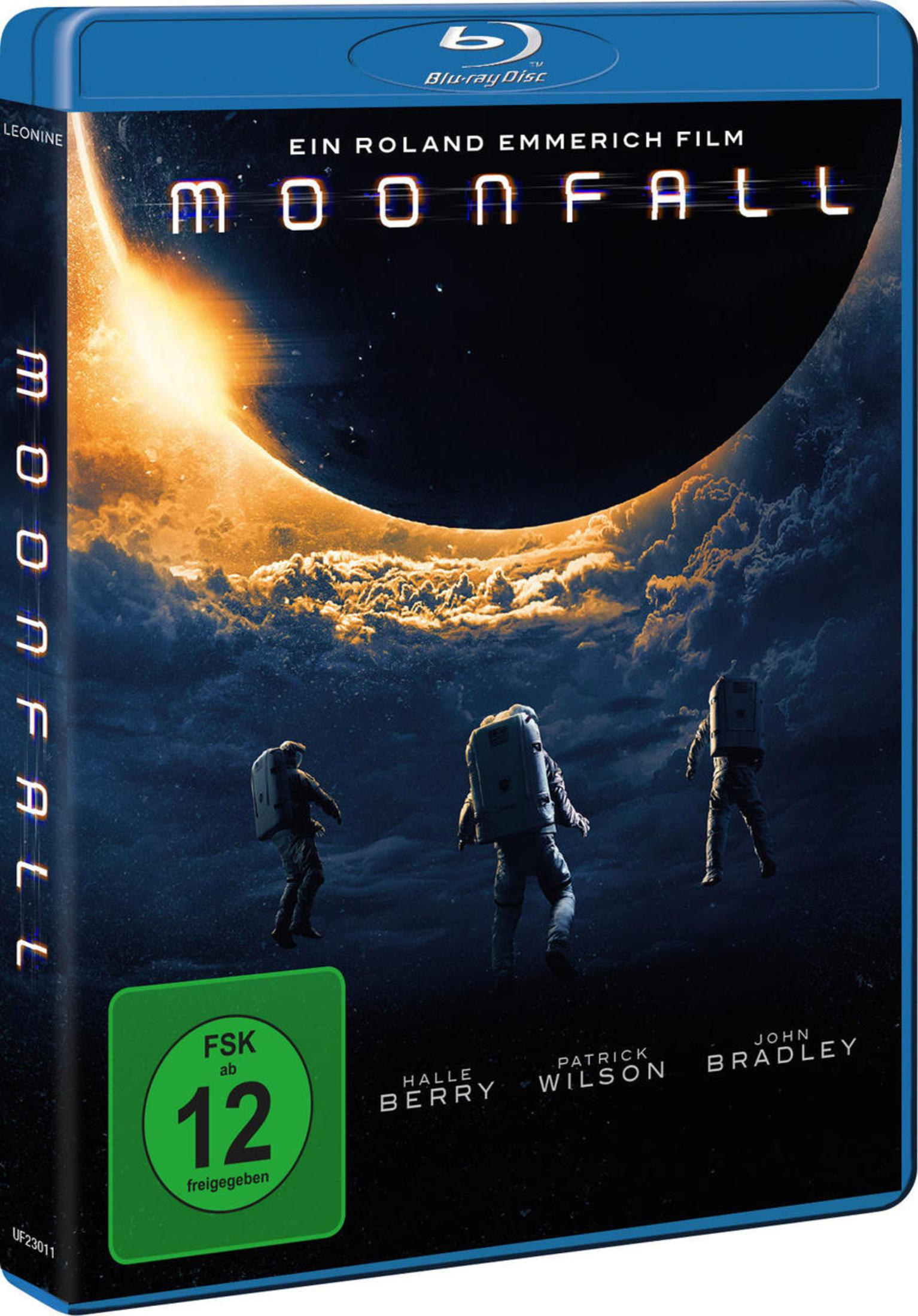 Blu-ray-Hülle des Films Moonfall mit drei Astronauten vor einem großen, dunklen Himmelskörper.