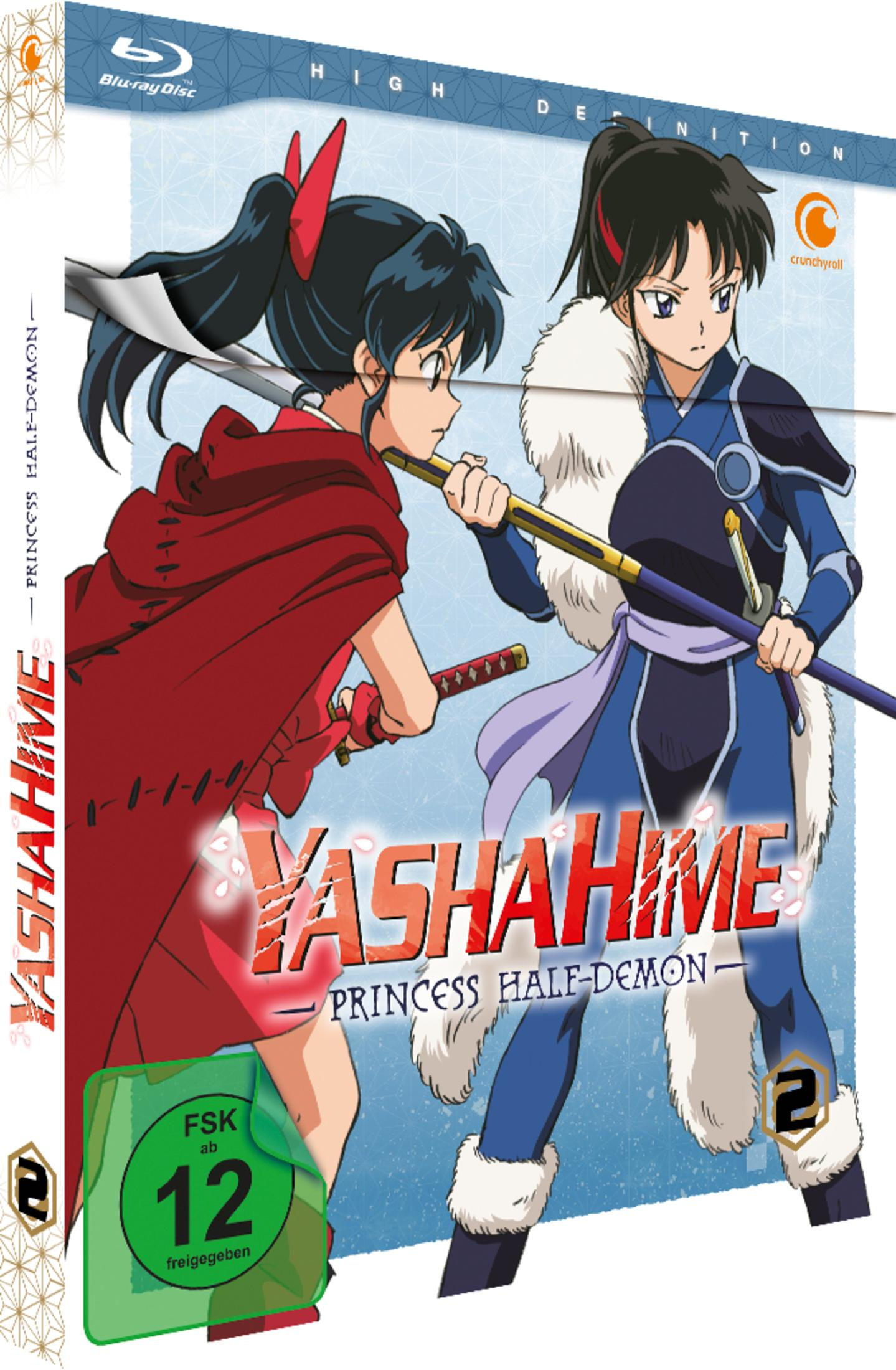 Blu-ray-Cover von Yashahime Princess Half-Demon Vol. 2 mit zwei anime-Kriegerinnen.