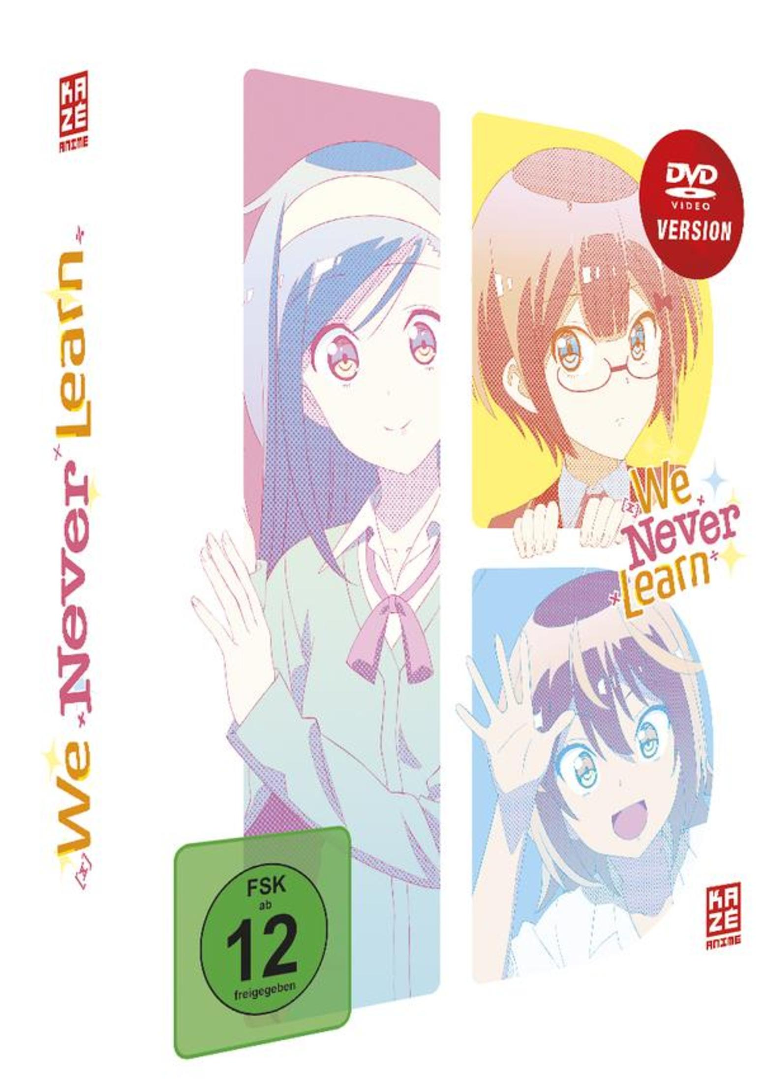 Anime-DVD-Cover "We Never Learn" mit drei illustrierten Charakteren, FSK-12-Altersfreigabe und farbigen Paneelen.
