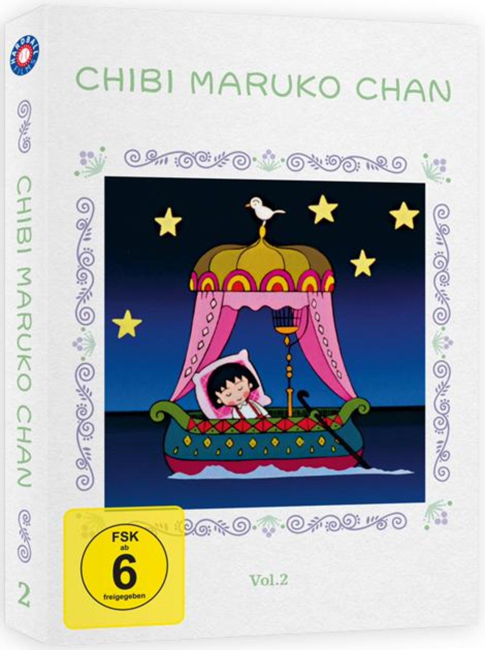 DVD-Cover von Chibi Maruko Chan Vol.2 mit einer schlafenden Figur im Boot unter einem Zelt und Sternenhimmel.