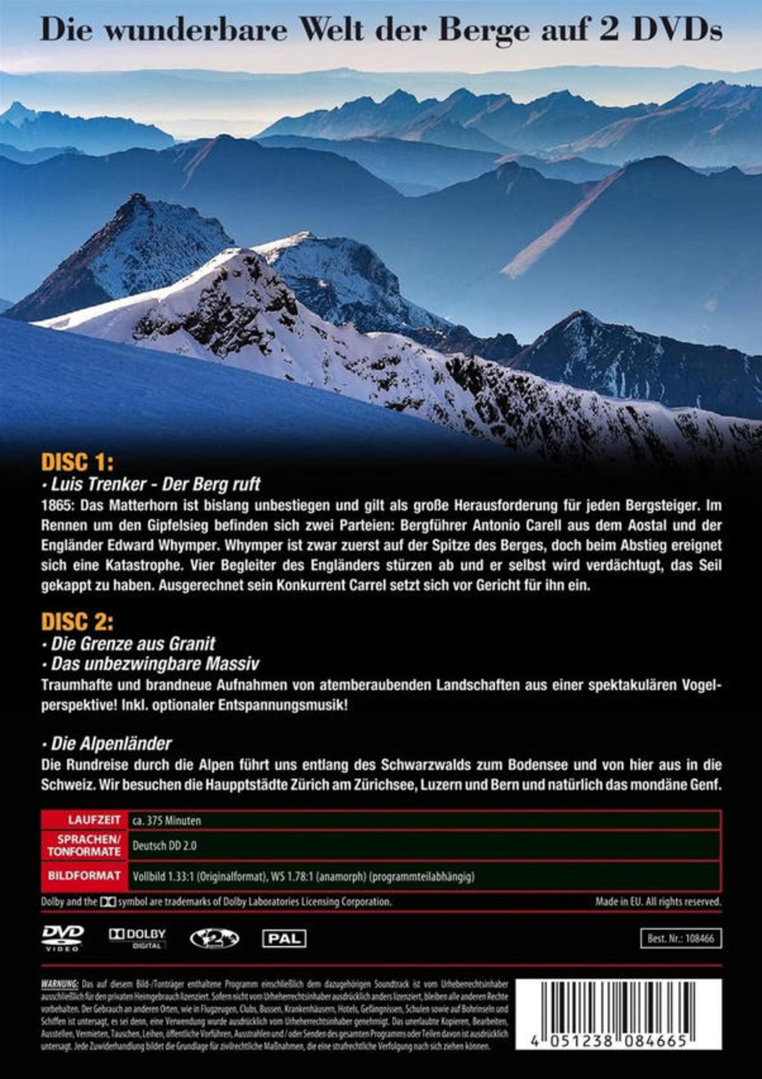 DVD-Hülle mit schneebedecktem Bergpanorama oben und Beschreibungstexten sowie technischen Details unten auf schwarzem Grund.