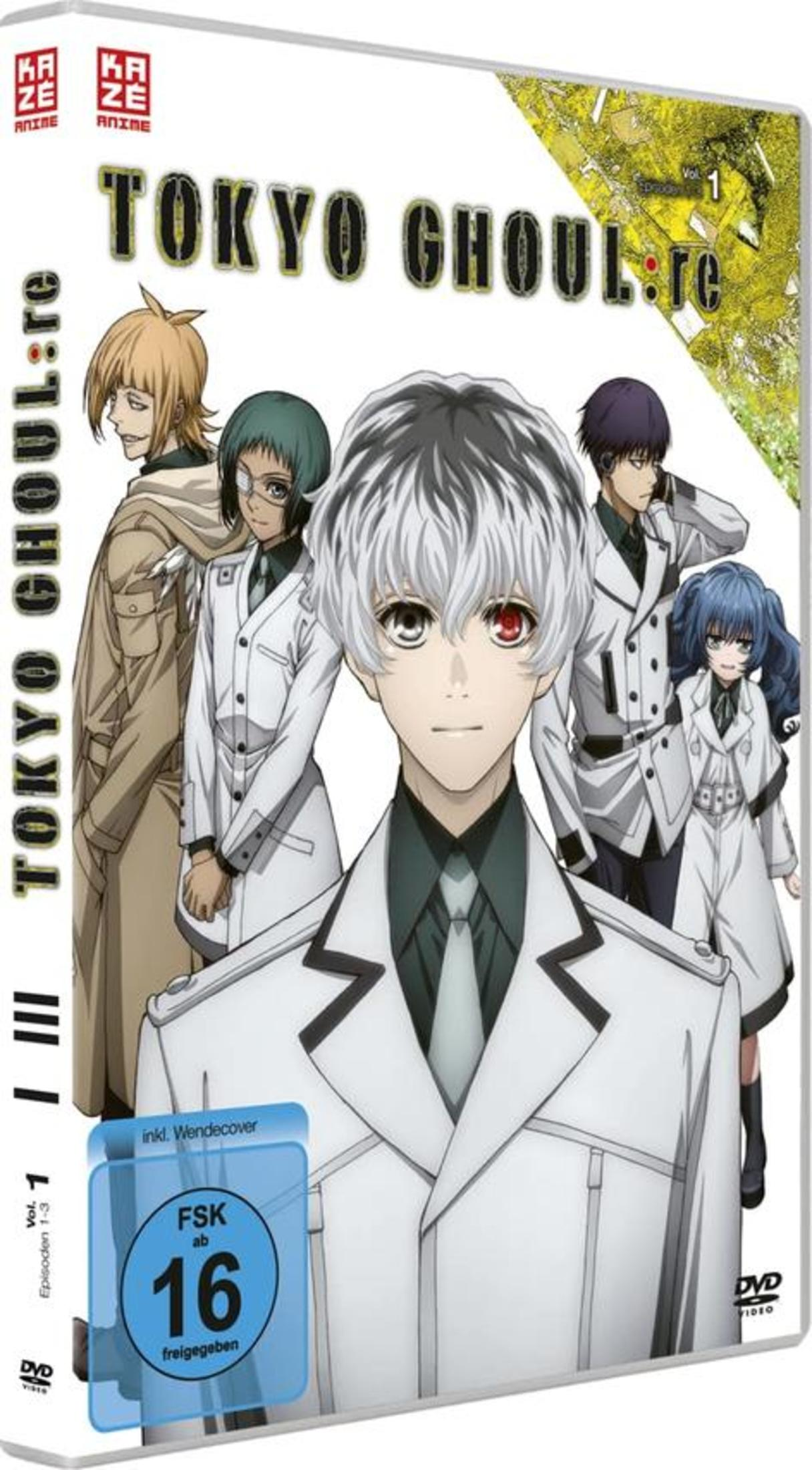 DVD-Cover von Tokyo Ghoul:re mit Kaneki und anderen Charakteren in weißen Mänteln.