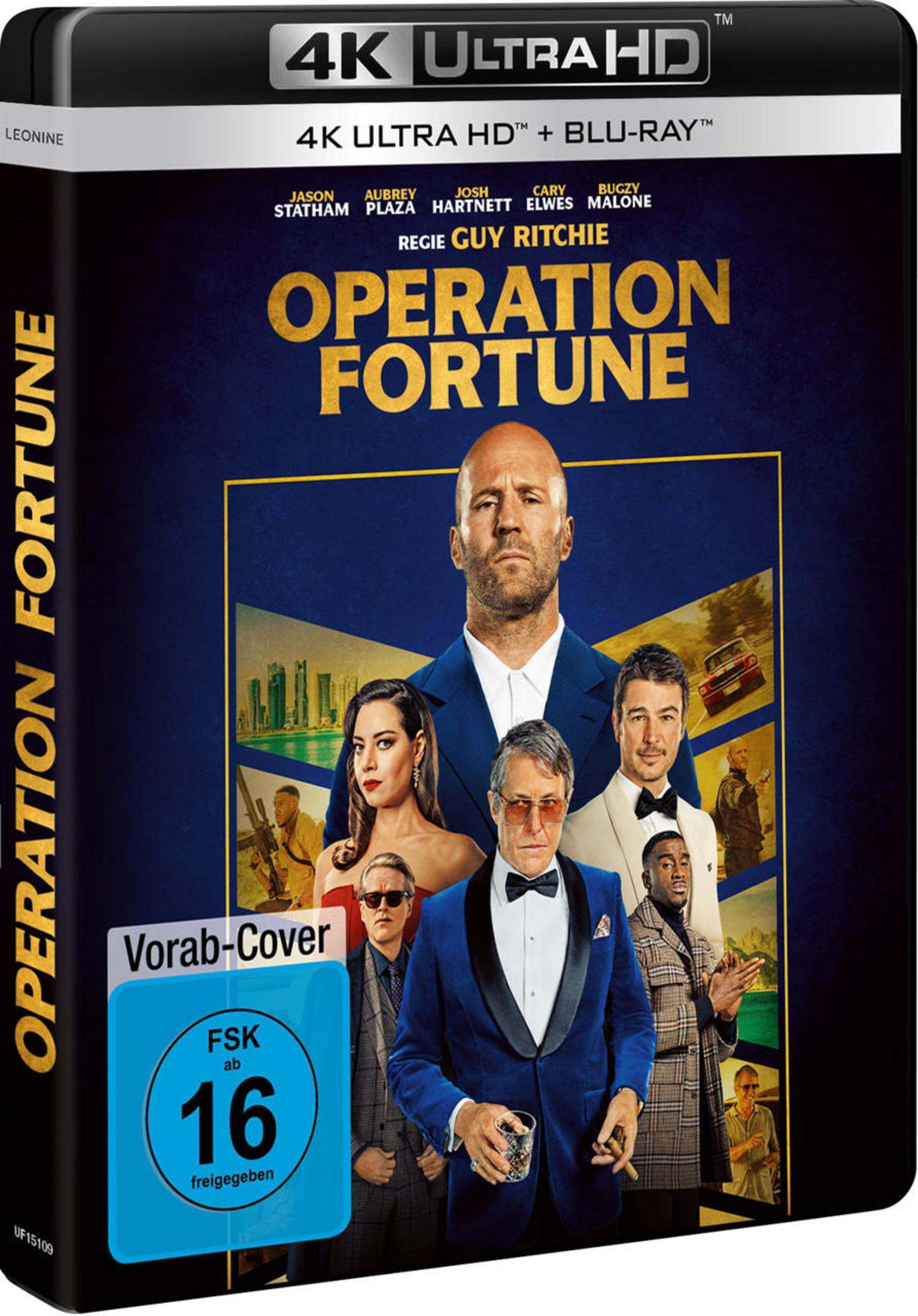 Blu-ray-Cover von Operation Fortune mit Jason Statham, Hugh Grant und anderen Schauspielern vor blauem Hintergrund.