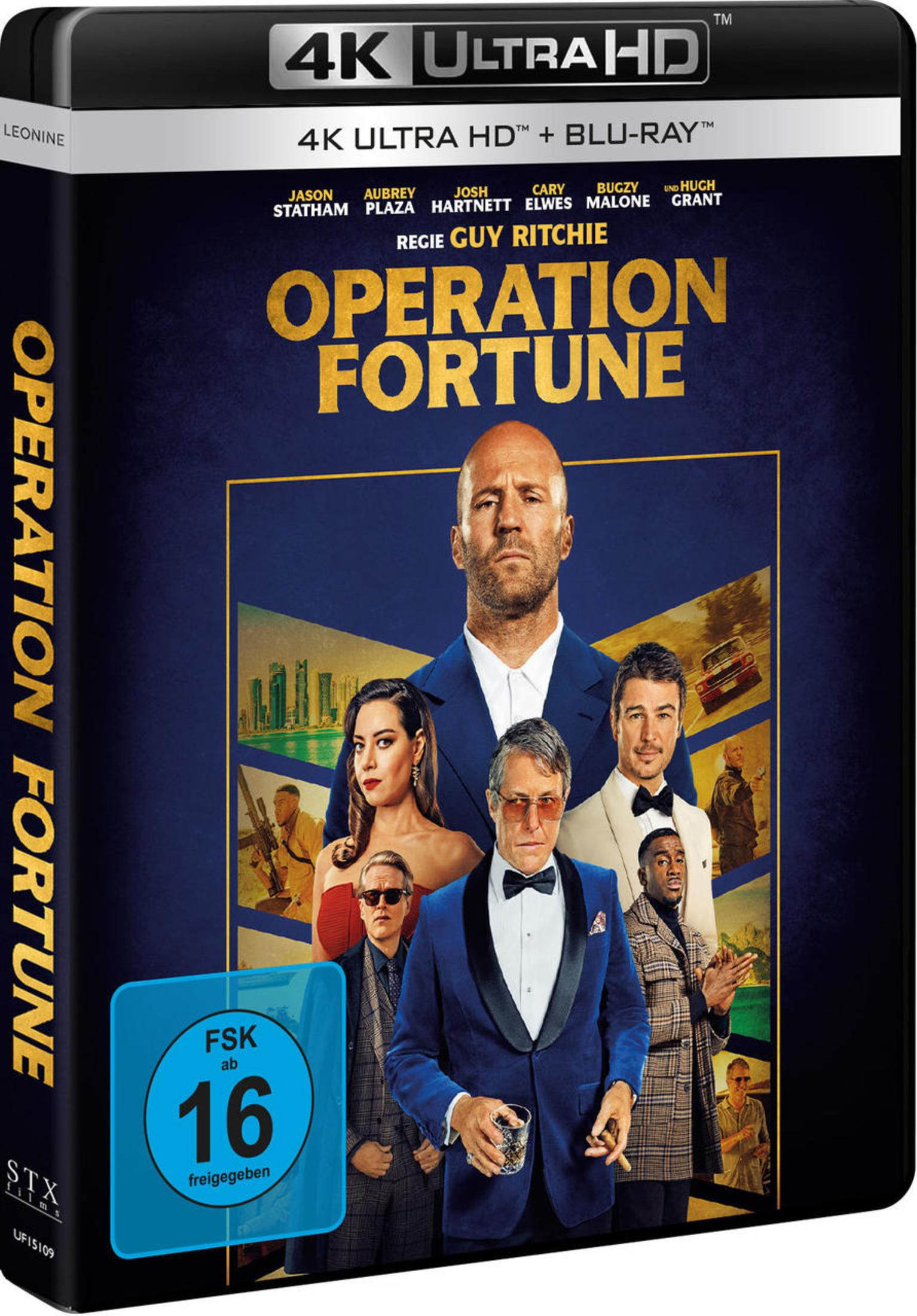 Operation Fortune 4K Ultra HD Blu-ray-Cover mit Jason Statham und Besetzung.