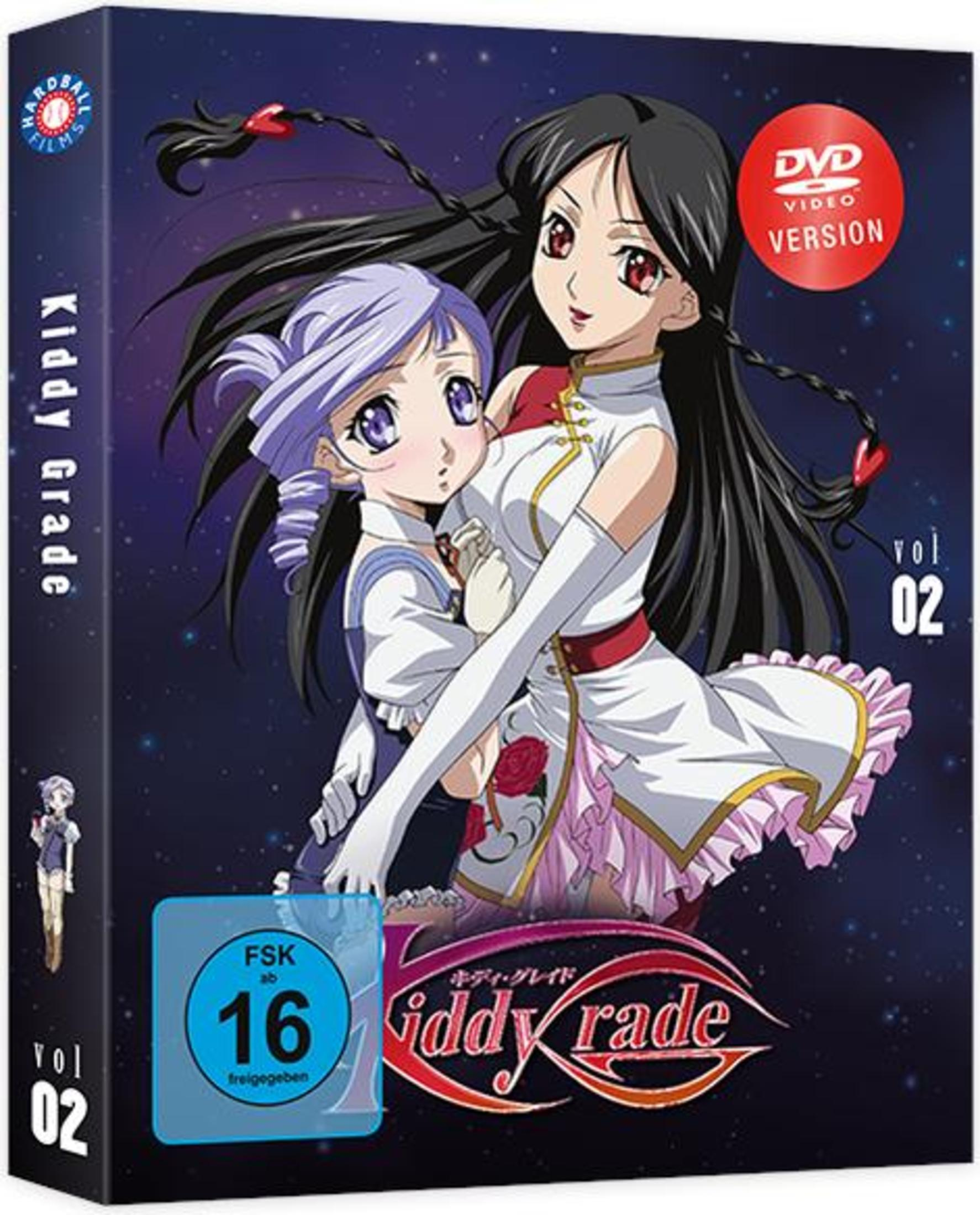 DVD-Cover von Kiddy Grade Vol. 02 mit zwei Anime-Mädchen vor Sternenhintergrund.