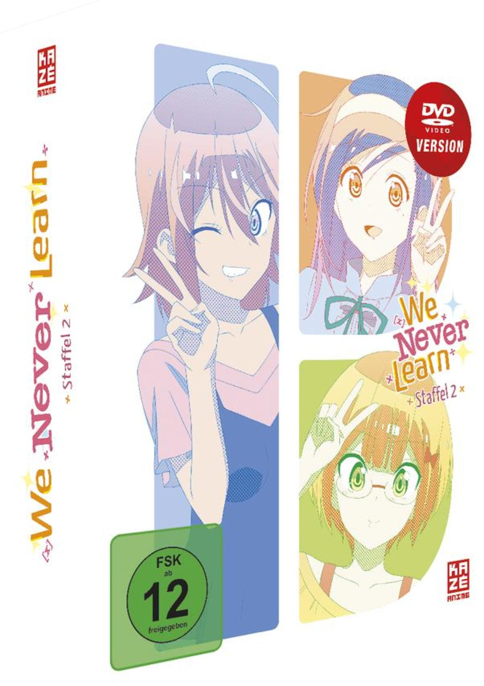 DVD-Hülle von We Never Learn Staffel 2 mit drei Anime-Mädchen, die auf bunten Tafeln Friedenszeichen zeigen.