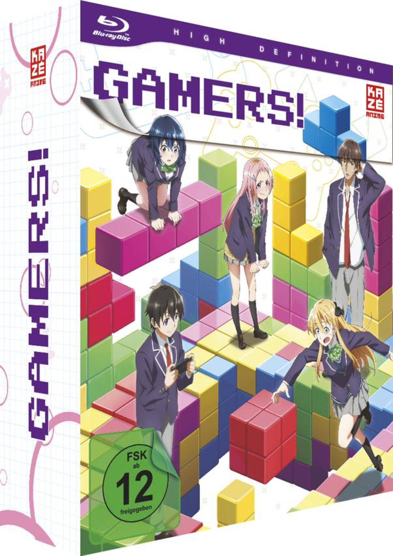 Anime-Blu-ray-Hülle mit fünf Charakteren, umgeben von bunten, Tetris-ähnlichen Blöcken.