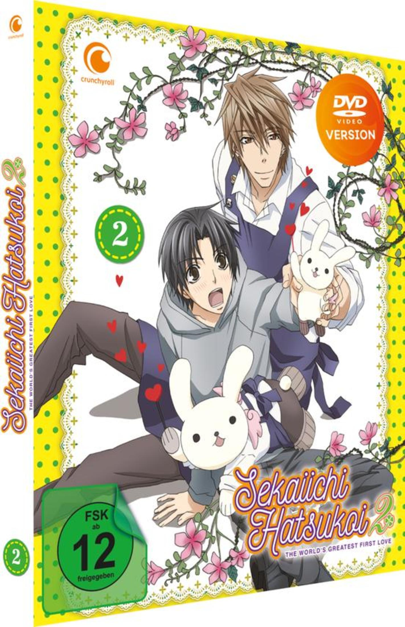 Anime-DVD-Cover zeigt zwei lächelnde junge Männer mit weißen Kuschelhasen vor rosa Blumen und gelben Punkten.