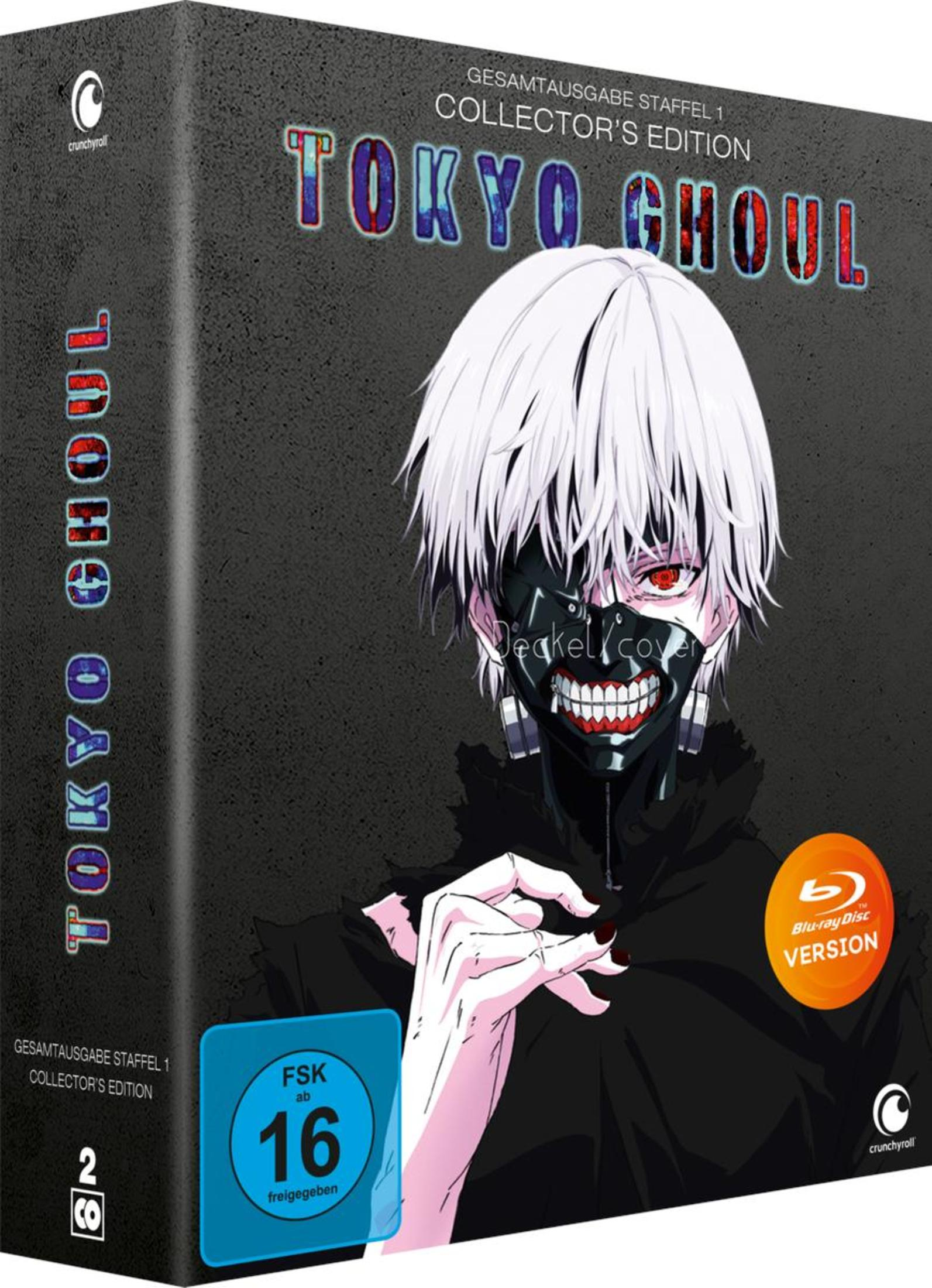 Tokyo Ghoul Staffel 1 Collector's Edition Blu-ray Box mit Kaneki mit weißem Haar und schwarzer Maske.