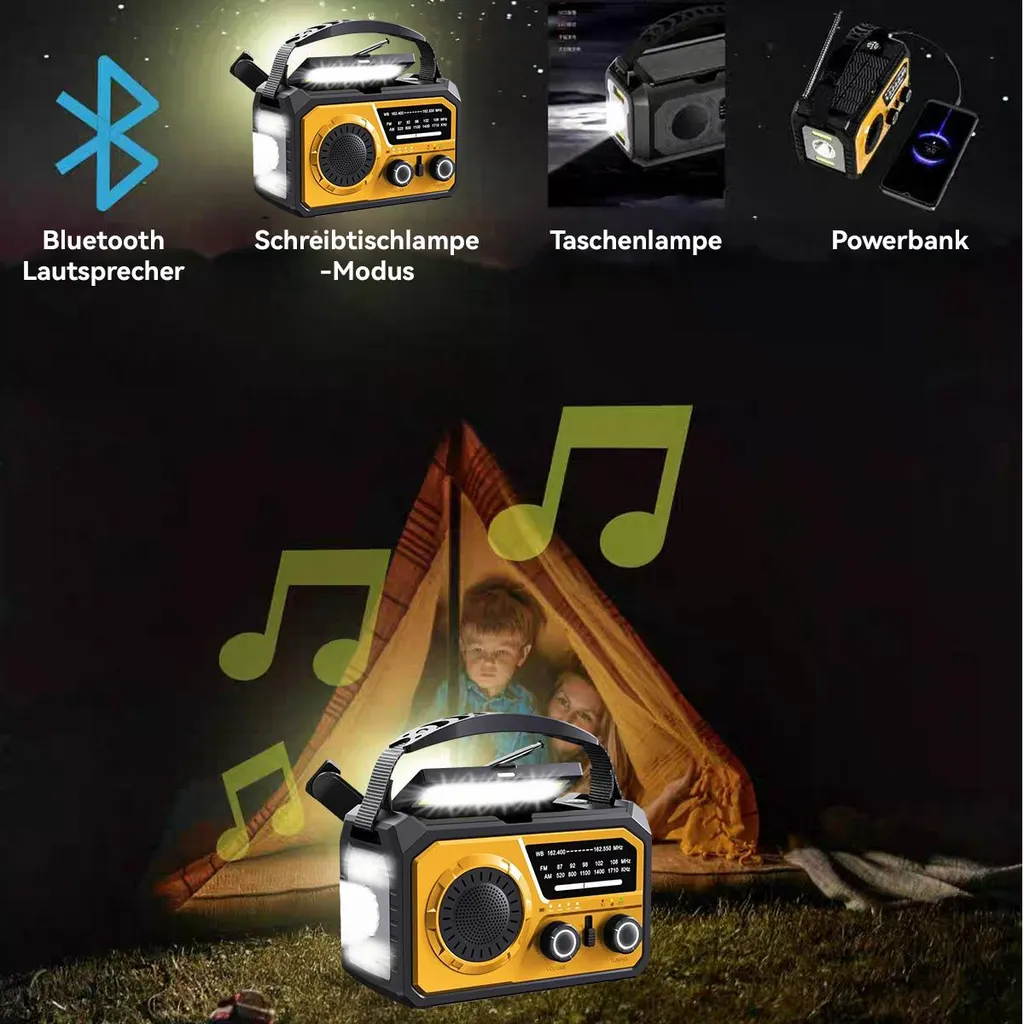 Gelbes Multifunktionsradio mit Bluetooth, Lampe und Powerbank vor einem Zelt mit einer Familie.