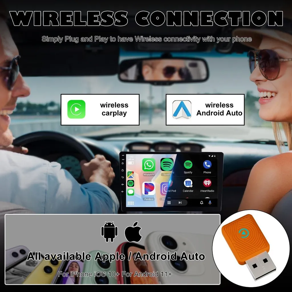 Ein Mann und eine Frau im Auto mit Wireless-CarPlay, Android-Auto-Logos und einem orangefarbenen USB-Adapter.