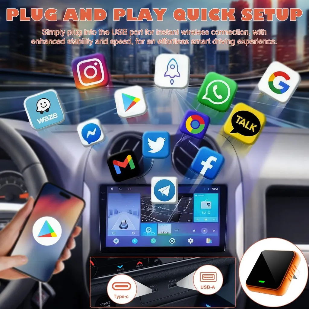 Auto-Display mit App-Symbolen, Smartphone und USB-Adapter für kabellose Verbindung.