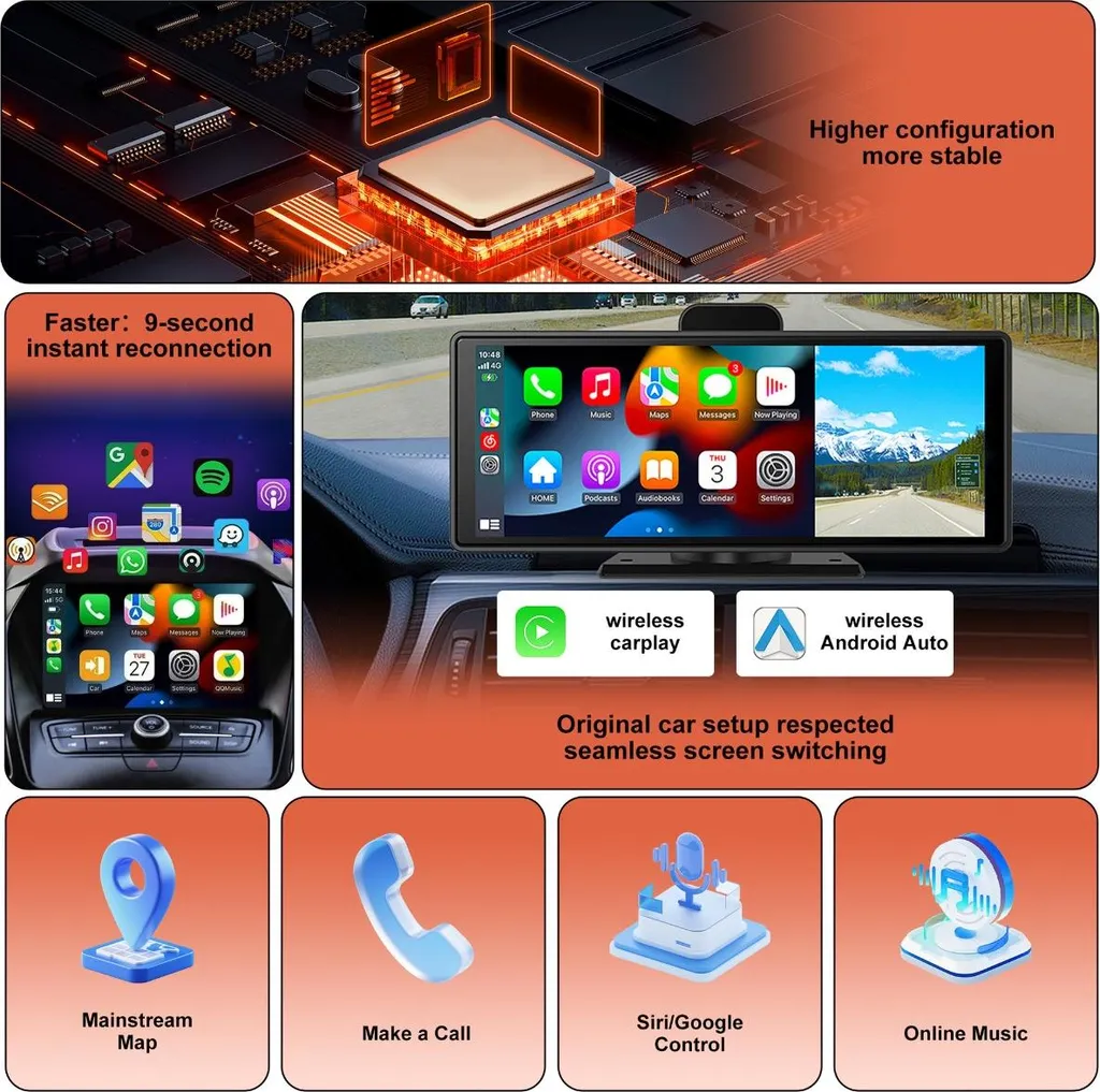 Ein Carplay-Display mit App-Icons zeigt drahtlose Konnektivität und Funktionen wie Navigation und Musik.