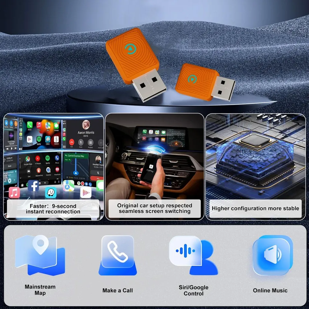 Zwei orangefarbene kabellose CarPlay-Adapter mit Funktionshighlights wie schneller Verbindung und Apps.