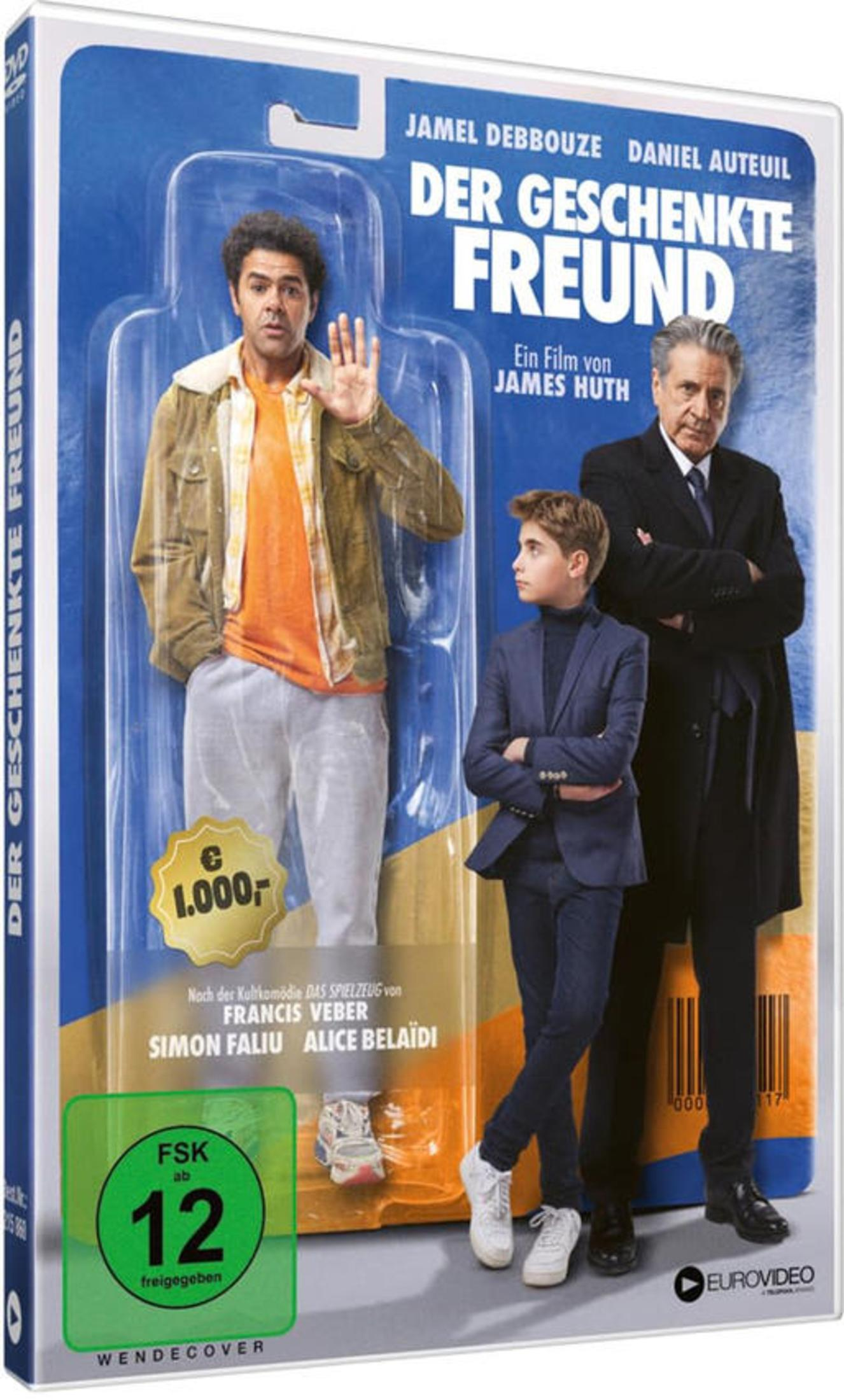 DVD-Cover von Der geschenkte Freund mit Jamel Debbouze als Spielzeug in einer Verpackung neben einem Jungen und Mann.