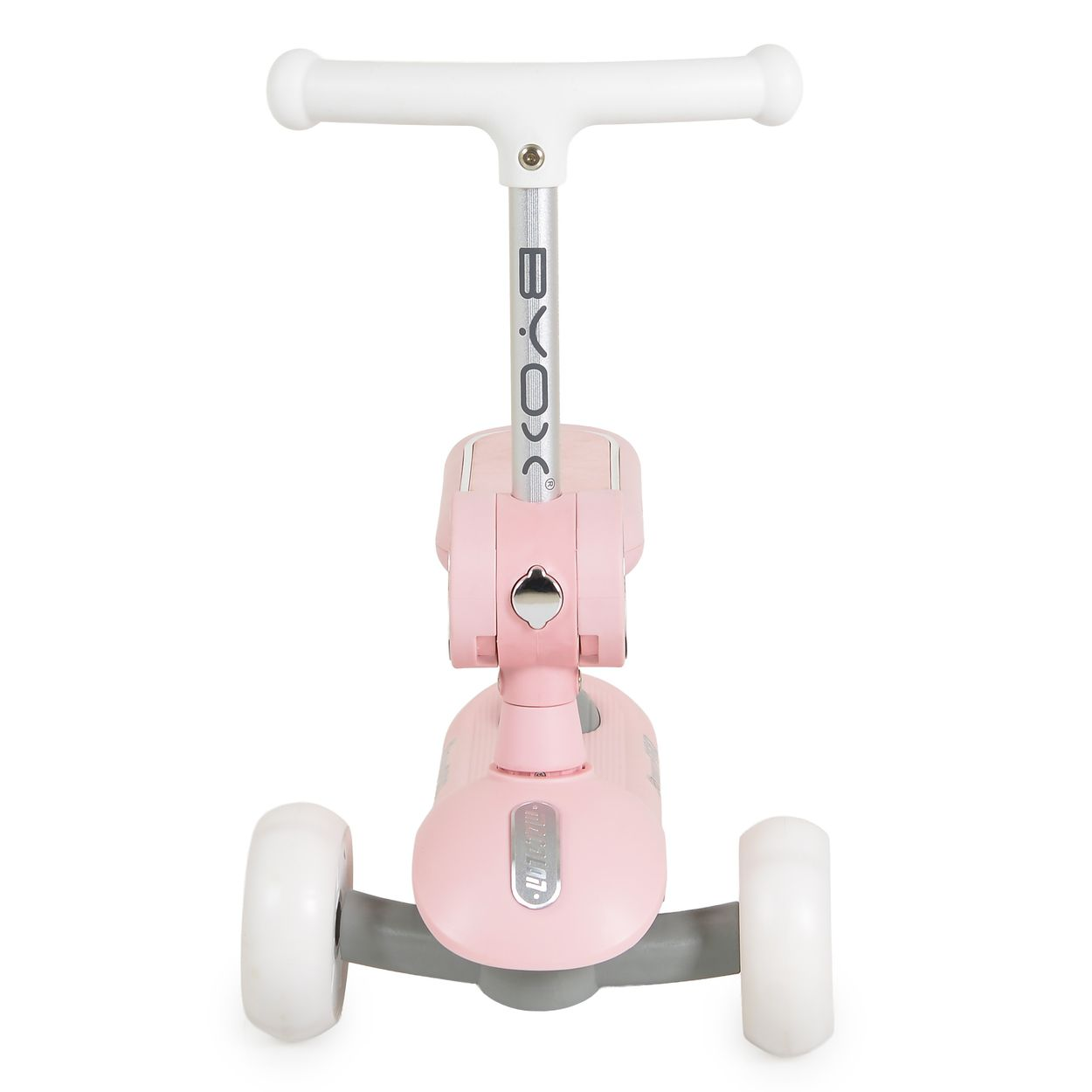 Ein pinker Kinderscooter mit weißem Lenker, klappbarem Sitz und drei weißen Rädern auf weißem Hintergrund.