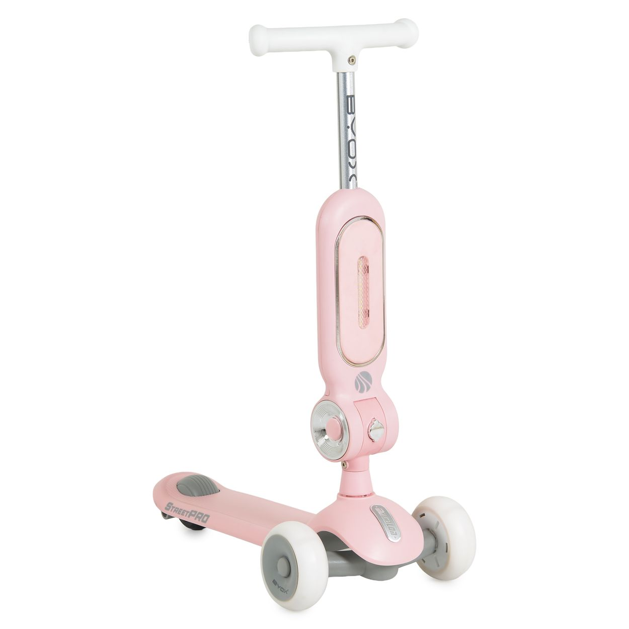 Ein rosafarbener Kinderroller mit drei weissen Rollen und einem T-Lenker auf einem hellen Hintergrund.