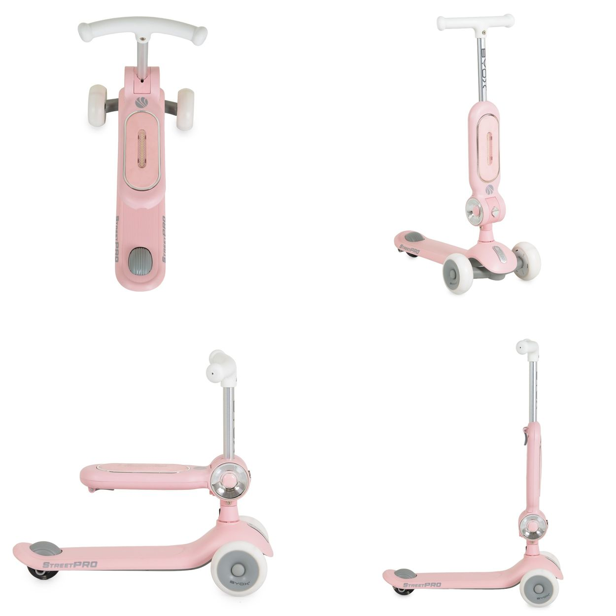 Rosa-weißer Kinder-3-in-1-Roller, gezeigt in vier Konfigurationen vor weißem Hintergrund.