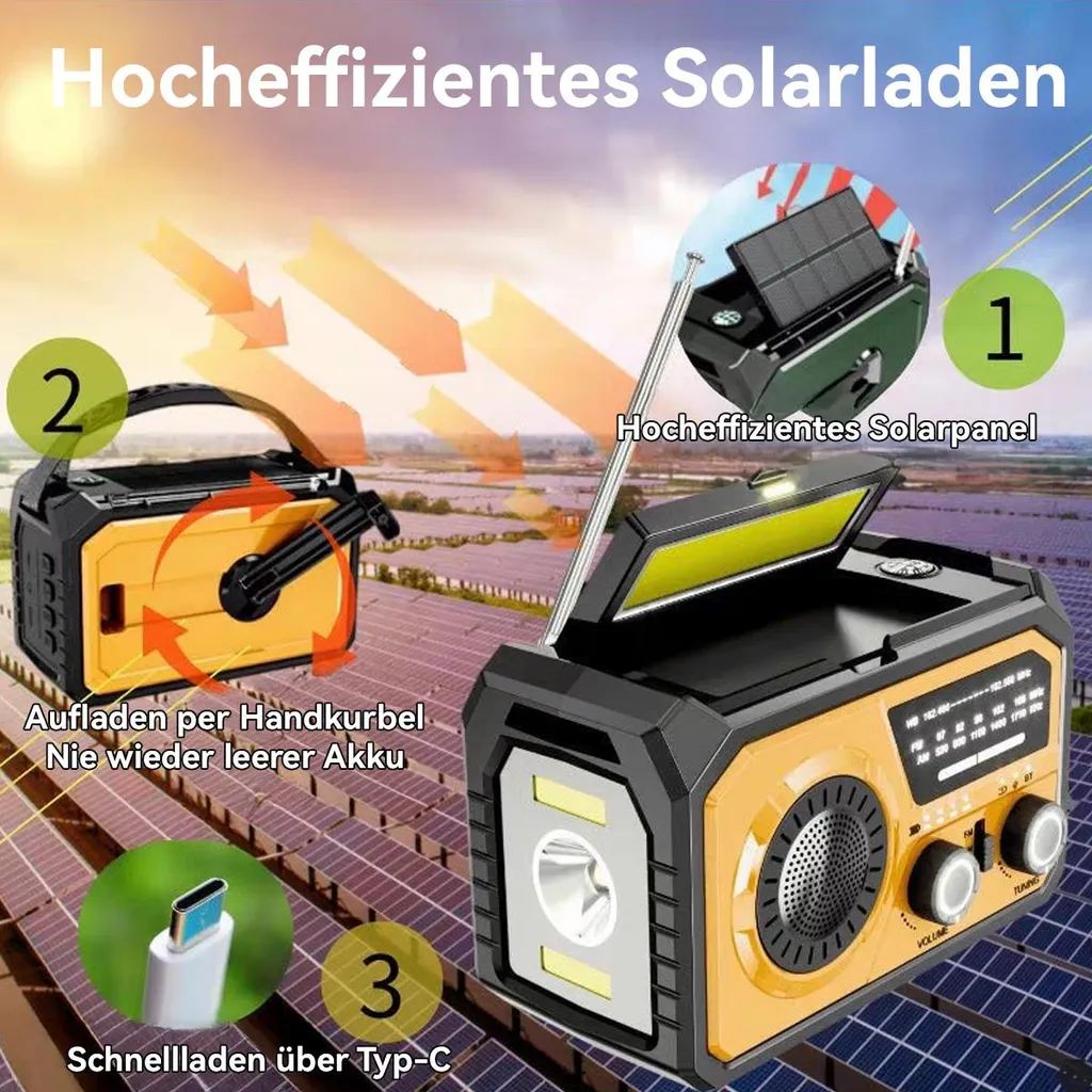 Solar-Handkurbelradio mit integriertem Solarpanel, Handkurbel und Typ-C-Anschluss vor Solarparks.