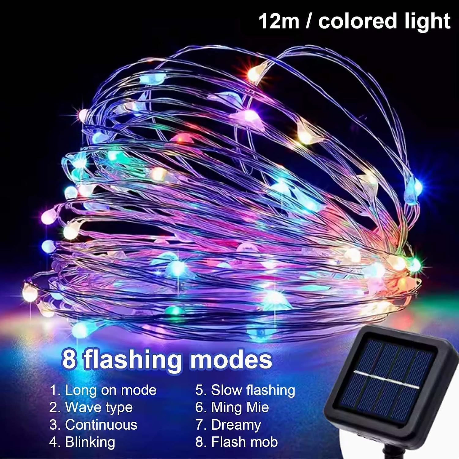 12m bunte Lichterkette mit Solarpanel und acht Blinkmodi.