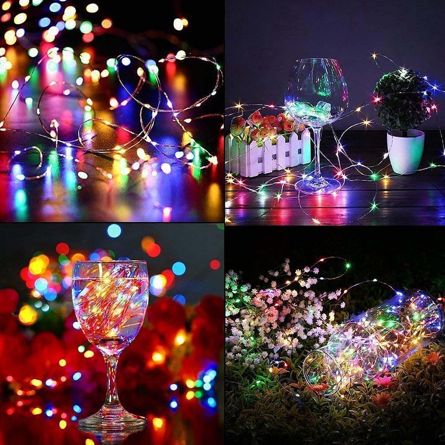 Vier Felder zeigen bunte Lichterketten um Gläser, Pflanzen und Blumen, die eine festliche Szene erhellen.