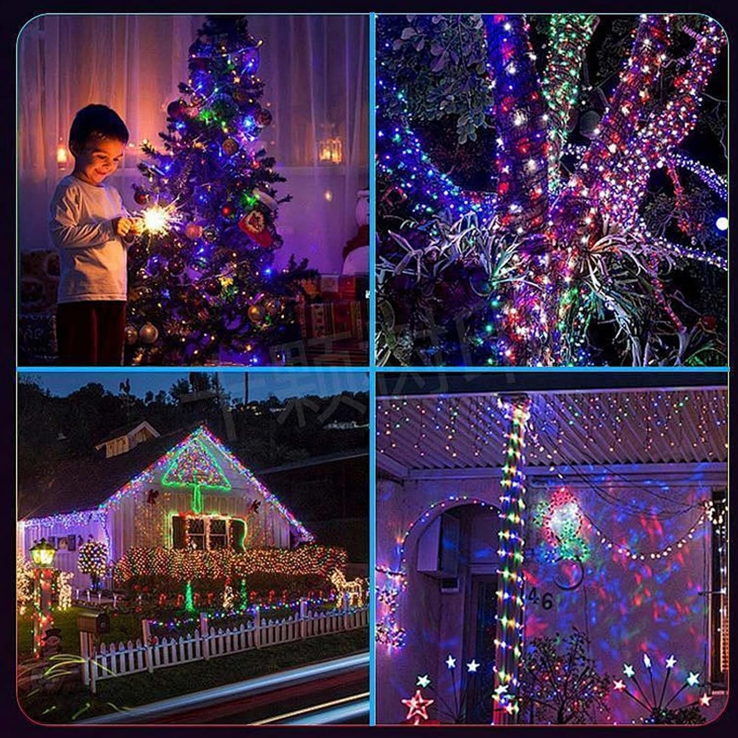 Vier Bilder zeigen bunte Weihnachtslichter, darunter ein Kind, einen beleuchteten Baum, ein Haus und Sträucher.
