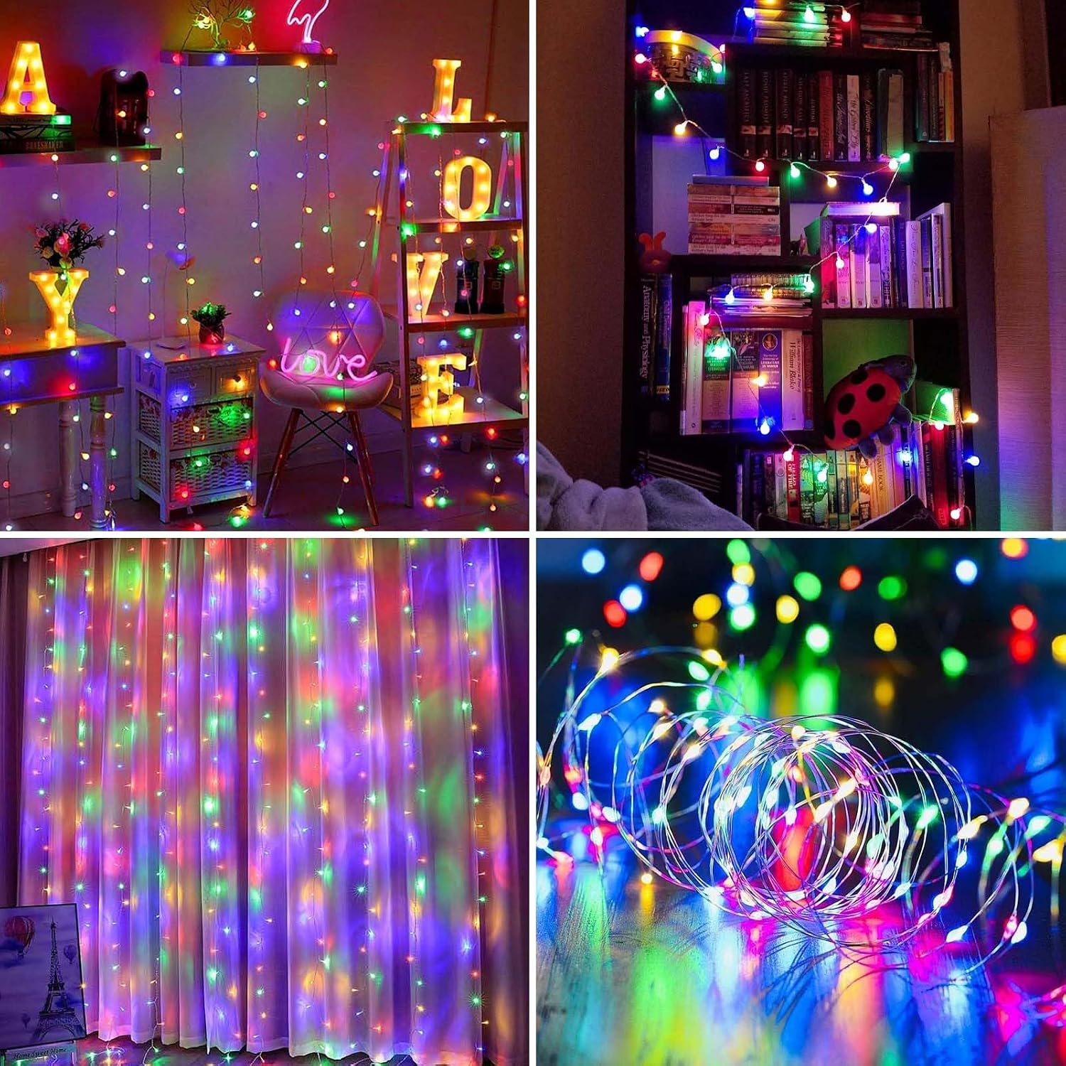 Bunte LED-Lichterketten dekorieren einen Raum, Regale und Vorhänge stimmungsvoll.
