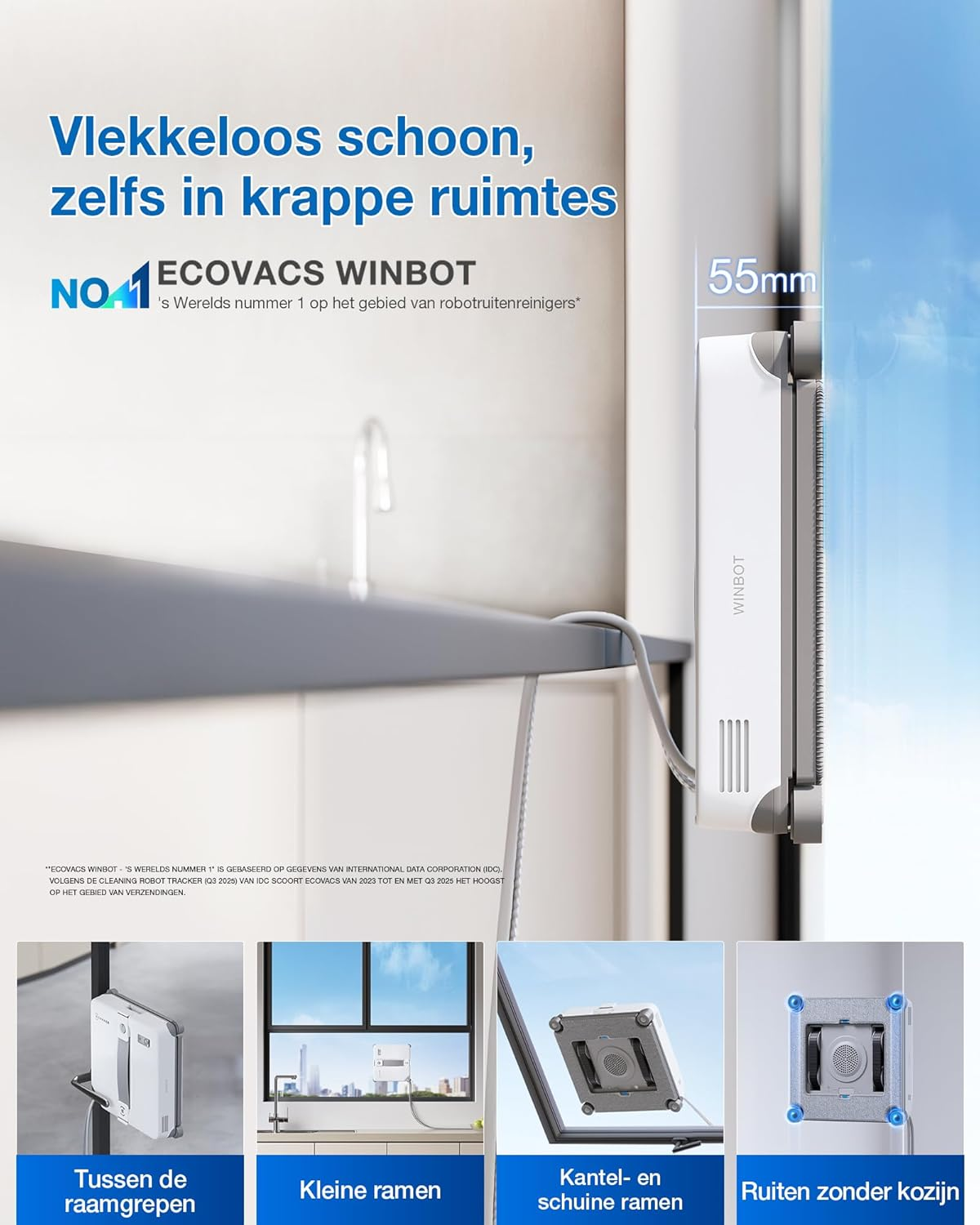 Un robot laveur de vitres Ecovacs Winbot blanc nettoyant une fenêtre étroite, avec quatre exemples d'application.