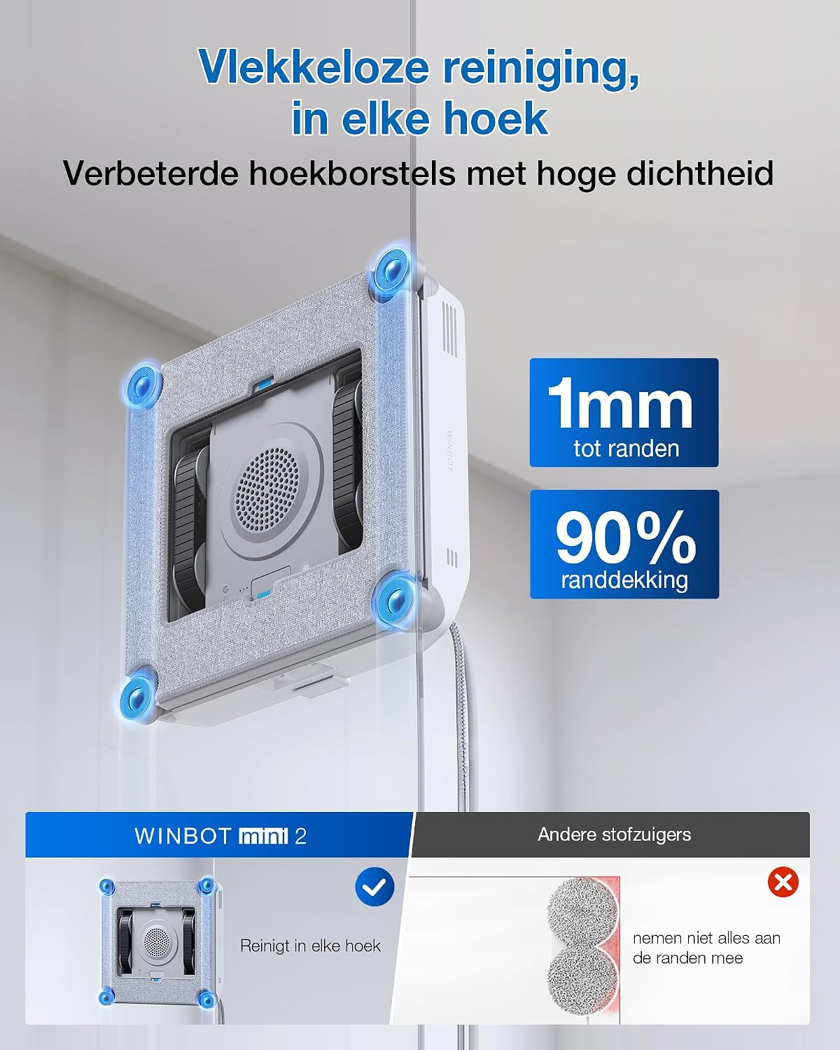 Un robot lave-vitres WINBOT nettoyant une vitre, avec du texte et des infographies en arrière-plan.