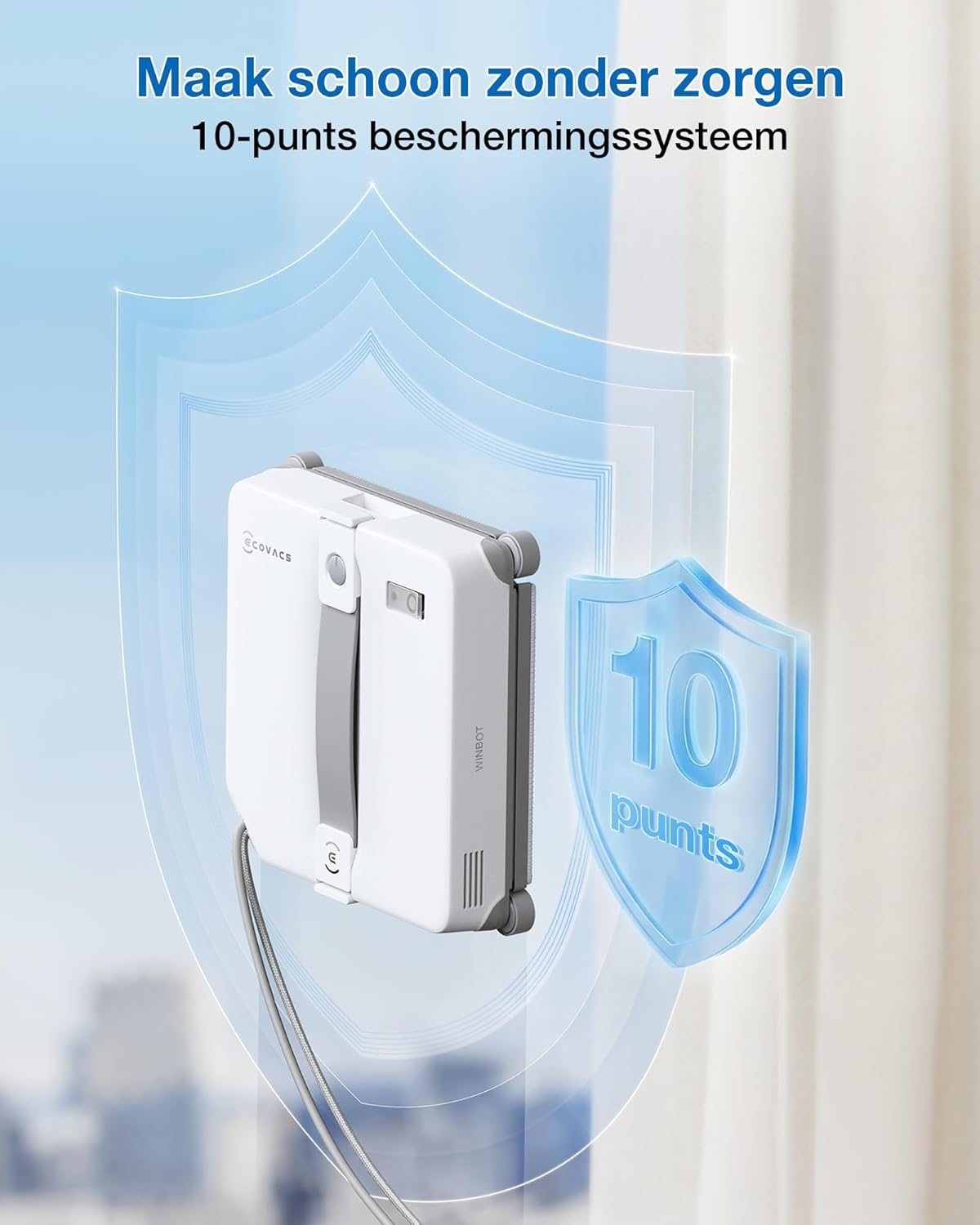 Un robot nettoyeur de vitres blanc fixé sur une vitre, entouré par le graphique d'un bouclier de protection bleu.