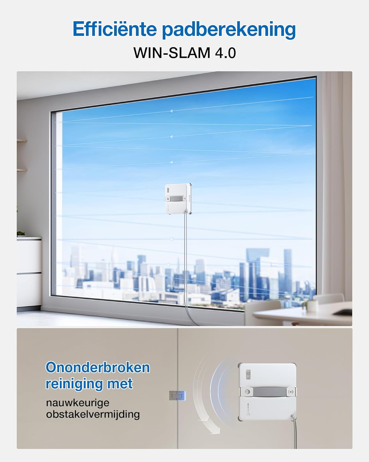 Un robot nettoyeur de vitres blanc nettoie une grande vitre avec vue sur la ville.