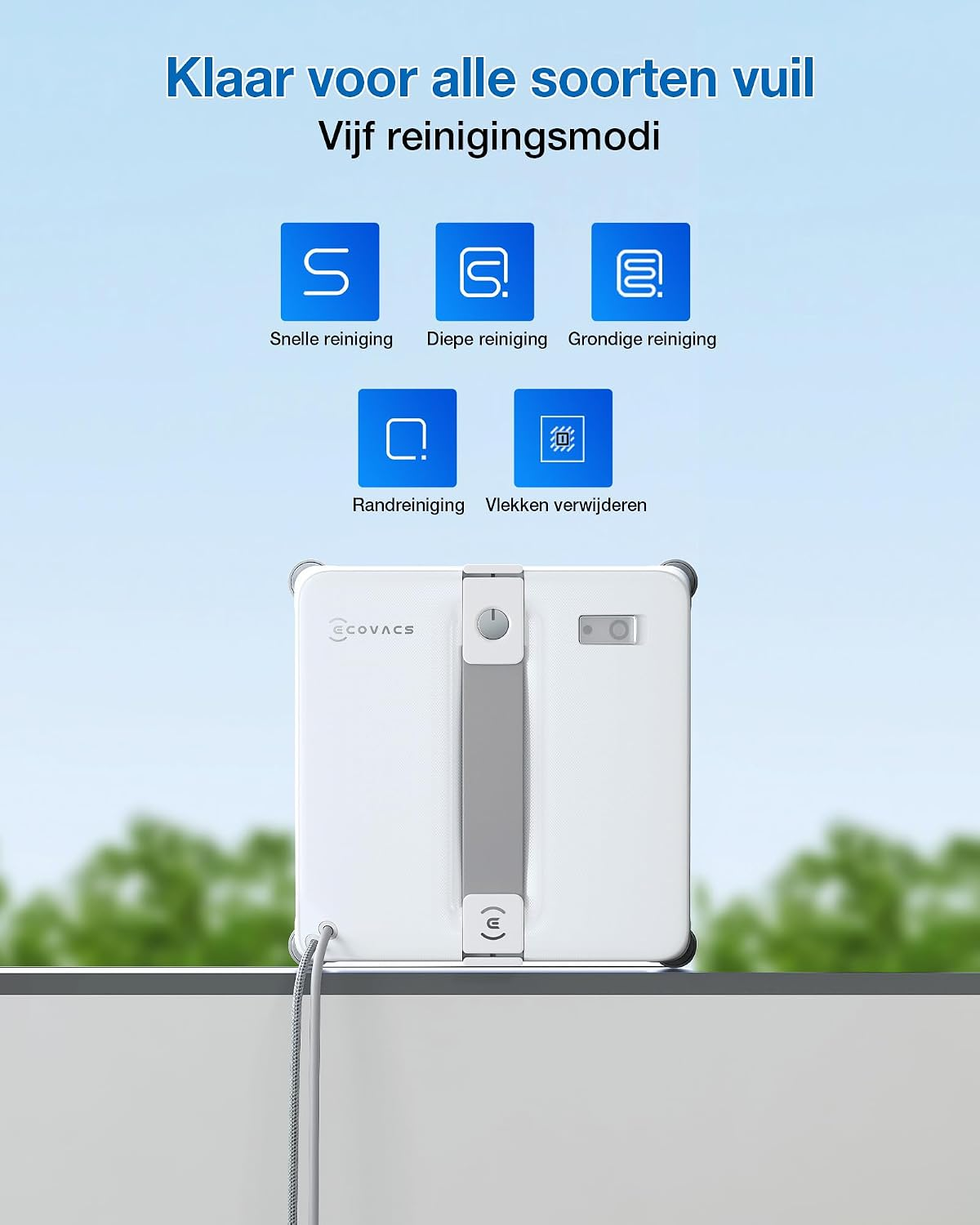 Un robot nettoyeur de vitres blanc avec cinq icônes bleues au-dessus indiquant différents modes.