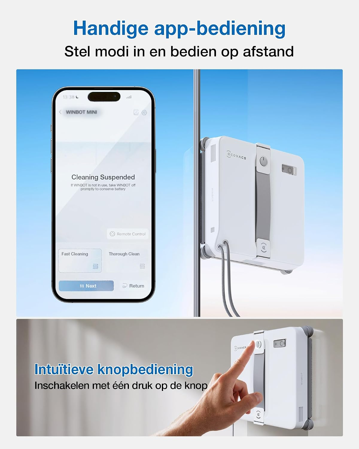 Smartphone affichant le contrôle par application et robot lave-vitres blanc sur vitre.