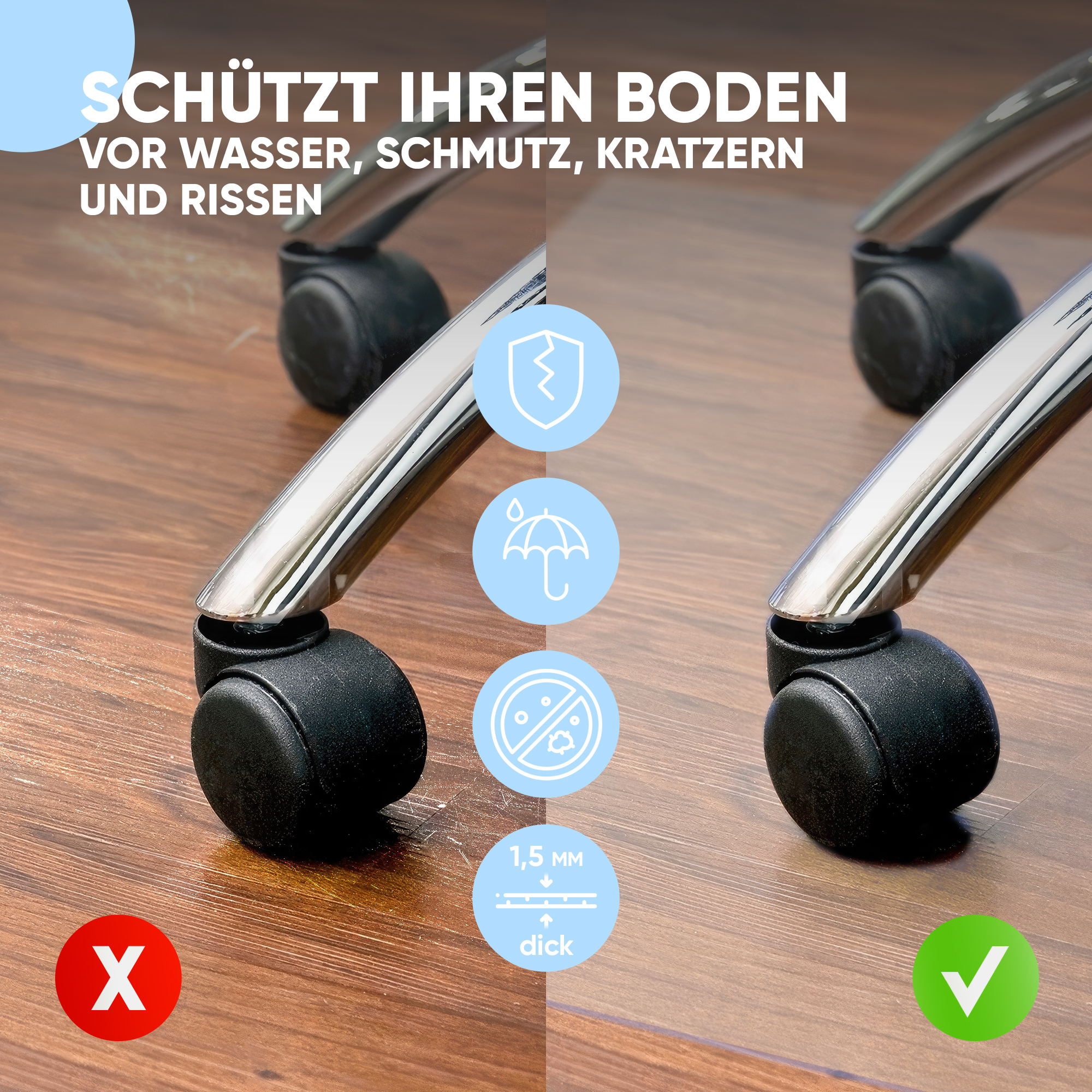Vergleich von Holzboden mit und ohne Bodenschutzmatte unter Bürostuhlrollen.