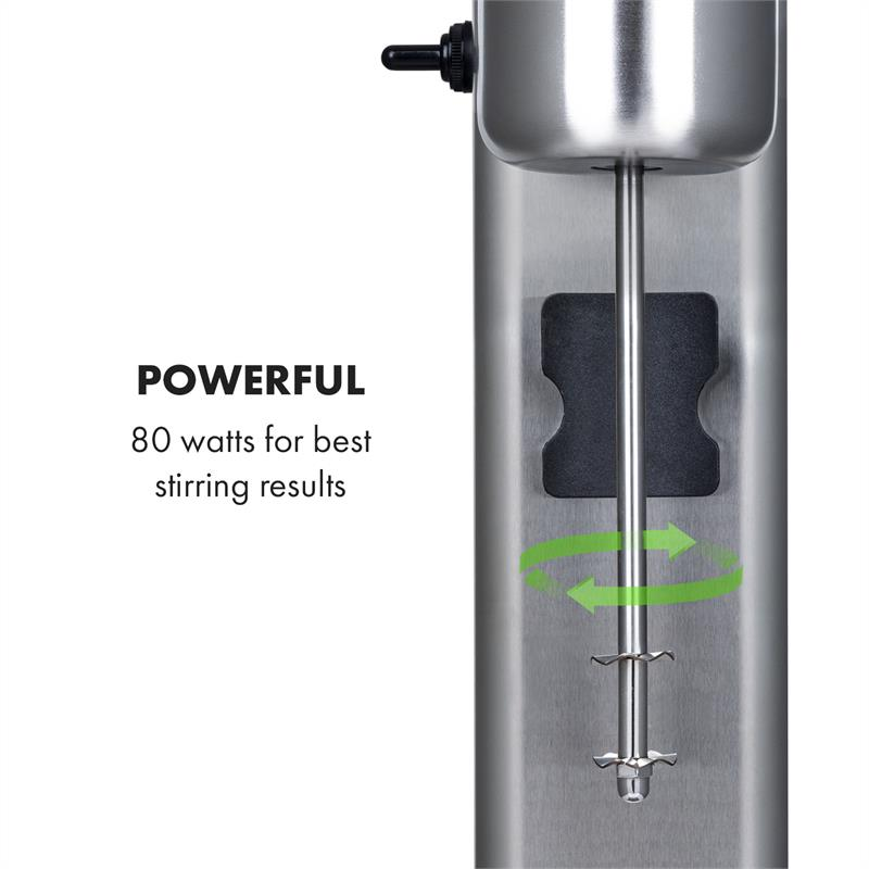Edelstahl-Mixer mit rotierendem Rührstab und Text: Leistungsstarke 80 Watt für beste Rührergebnisse.