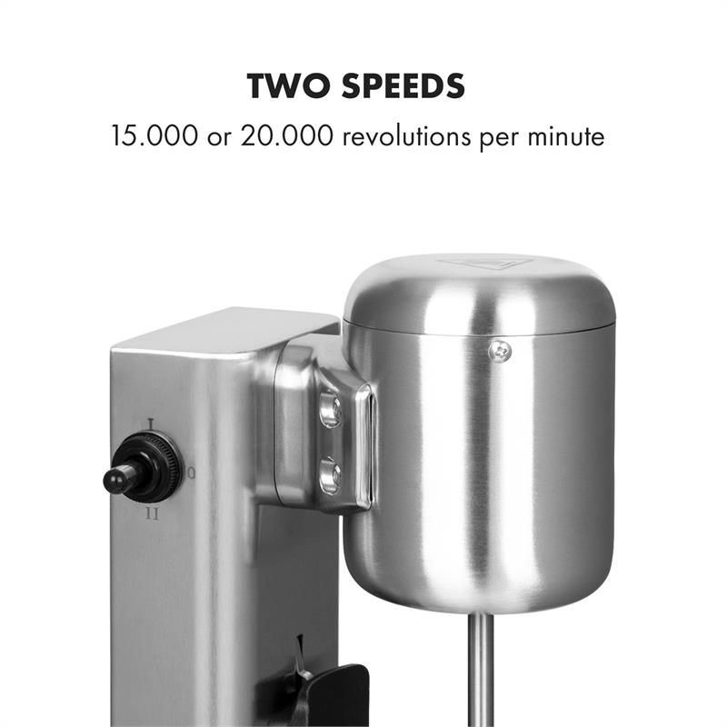 Edelstahl-Milchshaker mit zwei Geschwindigkeiten von 15.000 oder 20.000 U/min und Kippschalter.