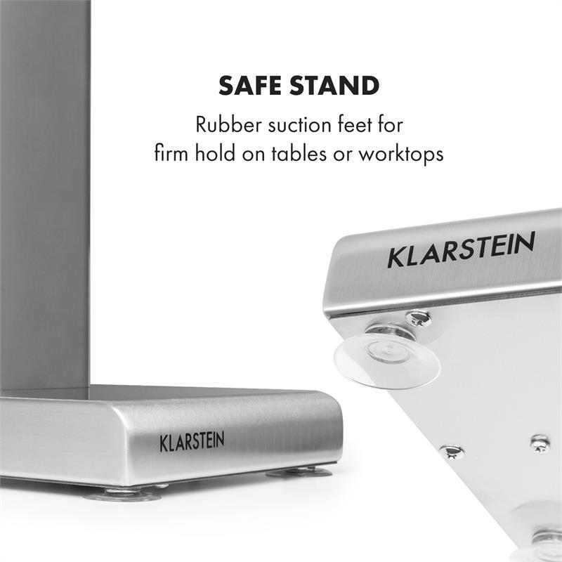 Klarstein-Gerät mit Gummisaugenfüßen für stabilen Halt auf Oberflächen.