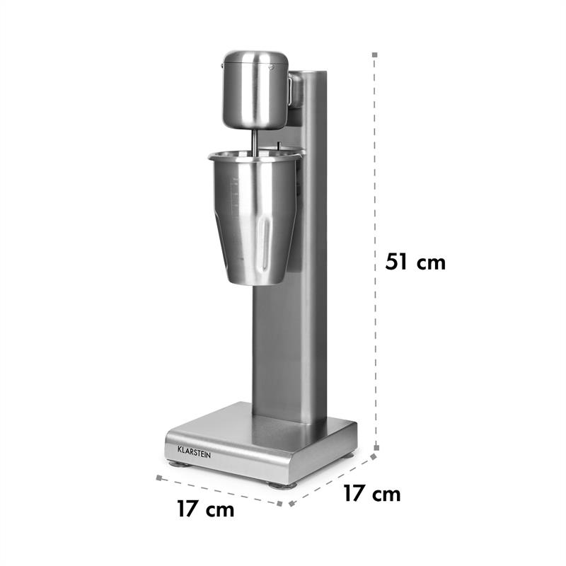 Silberner Milchshake-Mixer mit Edelstahlbecher, 51 cm hoch und 17x17 cm Basis.